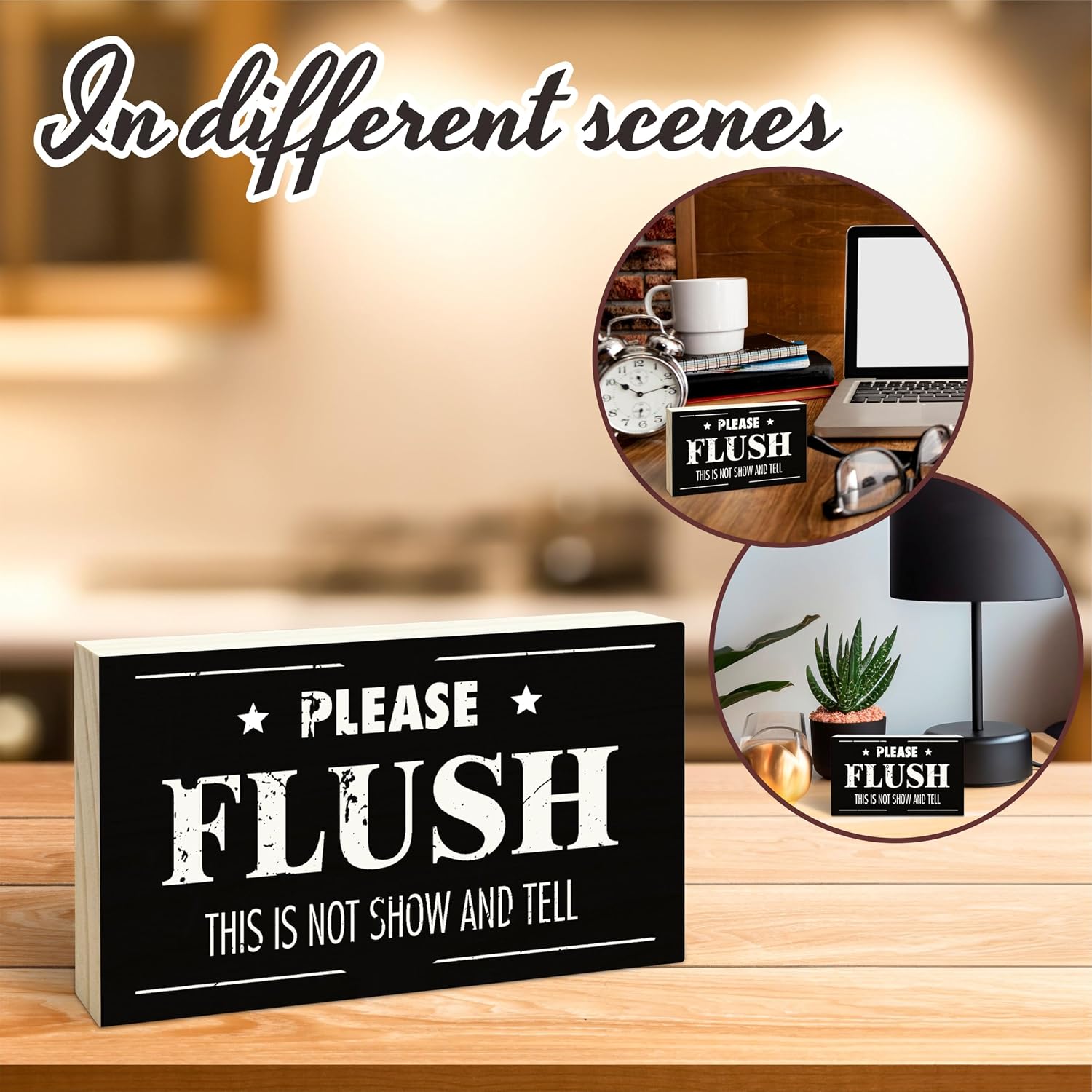 Bathroom Wooden Block Sign Gift - Please Flush This Is Not Show And Tell - Classic Rustic Wood Plaque Tabletop, Shelf Display, Housewarming Gift, Rustic Home & Office Decorations - B11 image 5
