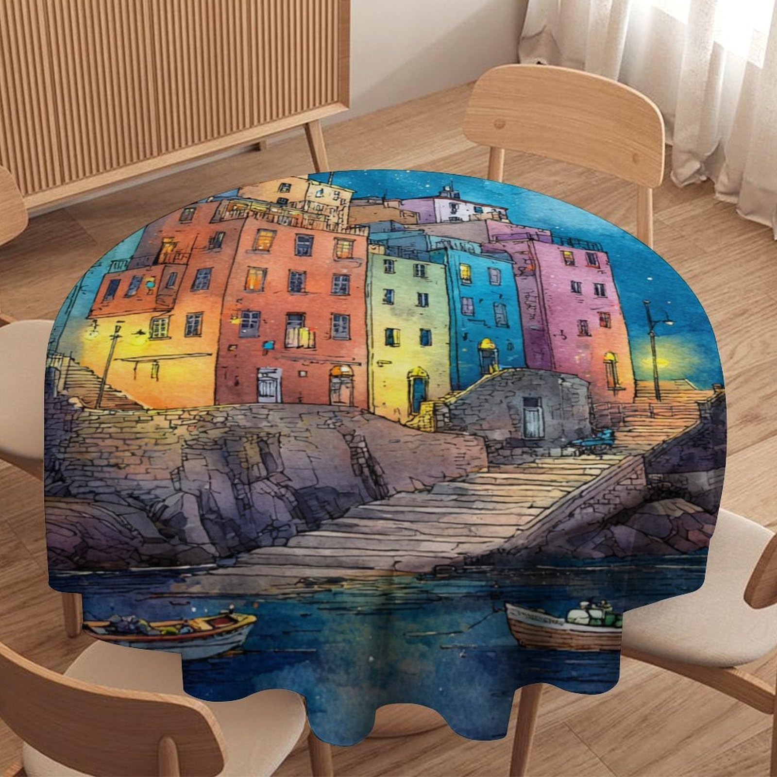 LUYYSKY Modern Vintage Coastal City Round Tablecloth Abstract Watercolor Full Moon Starry Night Galaxy Sailboat Ship Washable Decor for Table Cover for Kitchen-91.4" Wx91.4 L cm