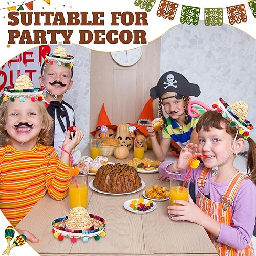 Miniatura 6 de Jiuguva 12 piezas de mini sombrero mexicano de paja, bigote falso negro, barba falsa autoadhesiva para niños, mascotas, decoraciones de fiesta