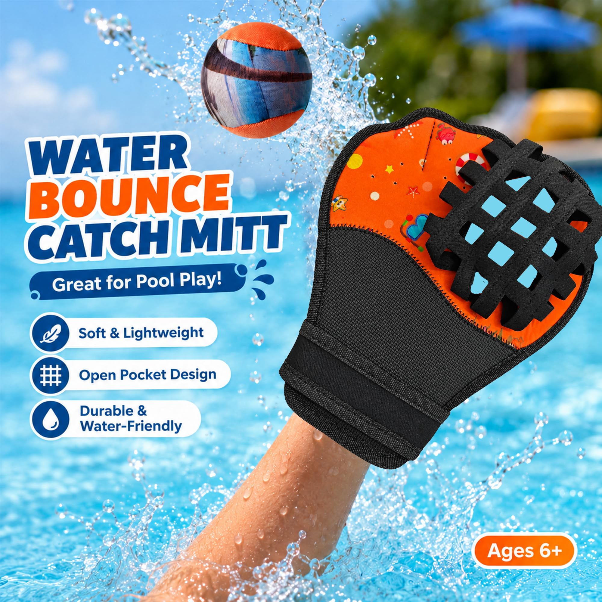 Water Bounce Ball Fanghandschuh-Set, schwimmendes Wurf- und Fang-Poolspiel mit 2 Fanghandschuhen und 1 Wasser-Bounce Ball, Strand und See Outdoor Sommer Familienspielzeug