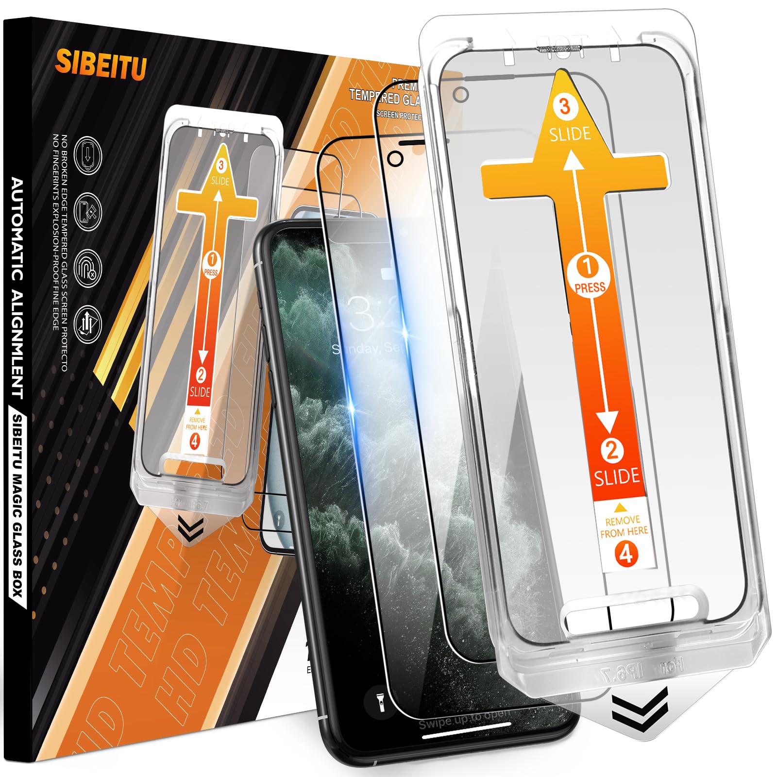 SIBEITU 2-Pack for iPhone 11 Pro Max Screen Protector, [Auto Alignment Kit] 6.5 Inch HD Clear Tempered Glass Film, Case Friendly Anti Scratch, 9H Hardness Auto Dust Removal Installation Protector
