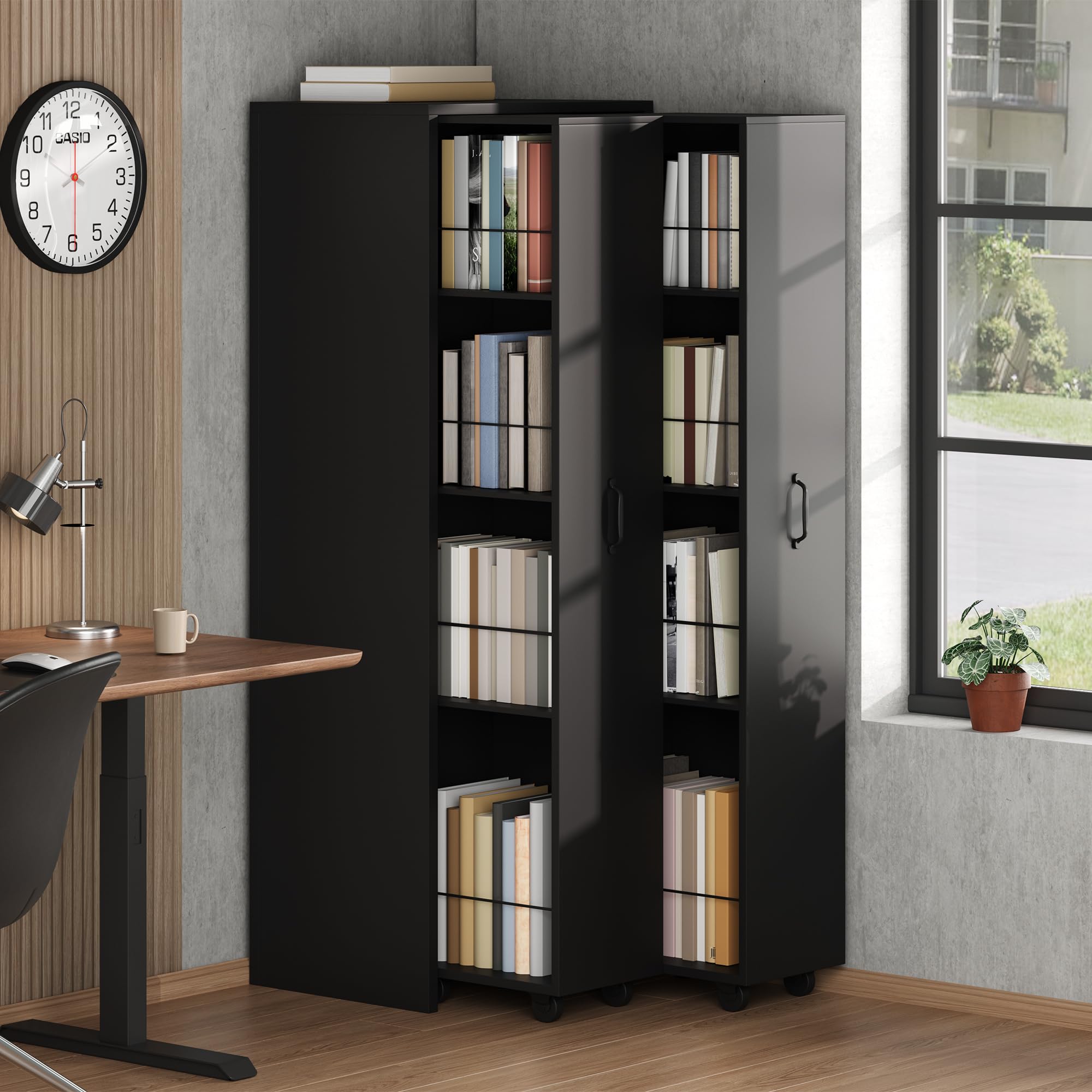 Azkoeesy Libreria a 4 Ripiano Estraibile con Ruote, 52x41x158 cm, Struttura Reversibile in MDF Resistente, Mobile Multifunzionale adatto per Bagno, Cucina e Soggiorno, Nero