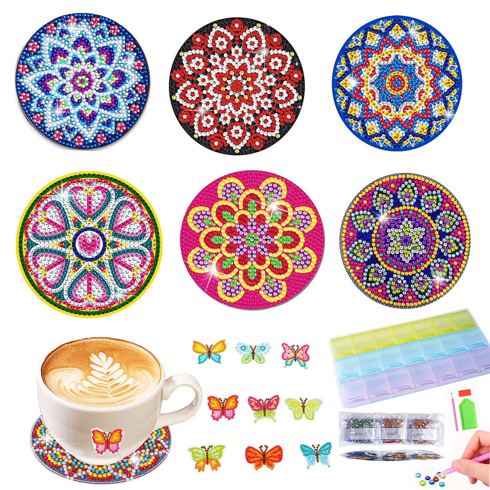 SouthStar Diamond Painting Coasters, 6 pcs Diamond Art Kits DIY Coasters and Diamond Painting Stickers with Diamond Painting Storage Tools, Diamond Art Craft for Adults, Beginners and Kids (Mandala)