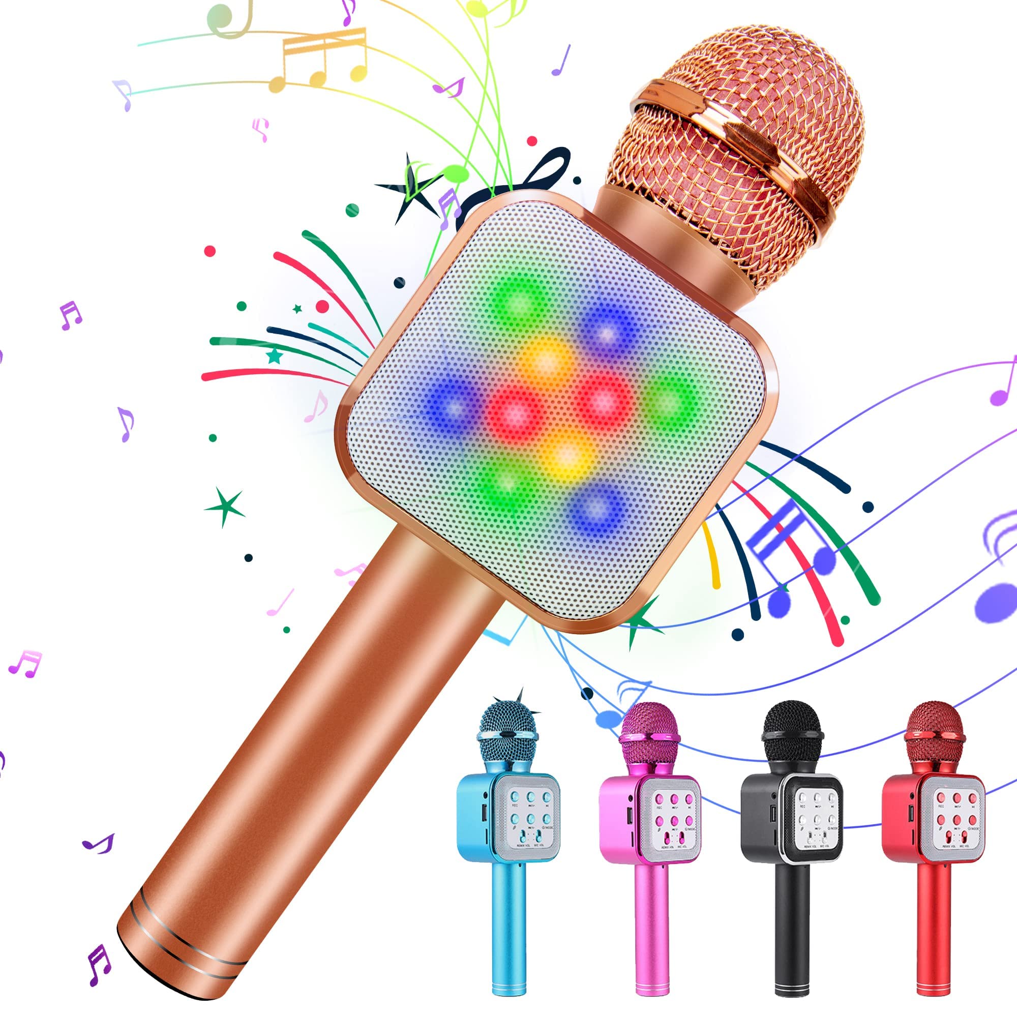 KIDWILL Wireless Bluetooth Karaoke Microphone for Kids, 5-in-1 Portable Handheld Karaoke Mic Speaker Player Recorder with LED Lights for Kids Girls Boys Teens Birthday (1818-Rose Gold)