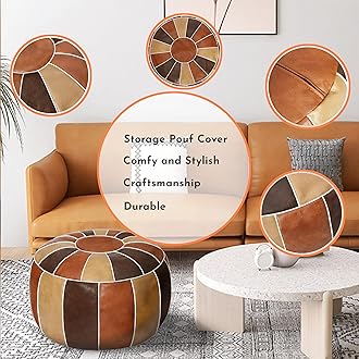 Thgonwid Unstuffed Handmade Moroccan Round Pouf Foot Stool Ottoman Seat Faux Leather Large Storage Bean Bag Floor Chair Foot Rest for Living Room, Bedroom or Wedding Gifts (Multi Color)