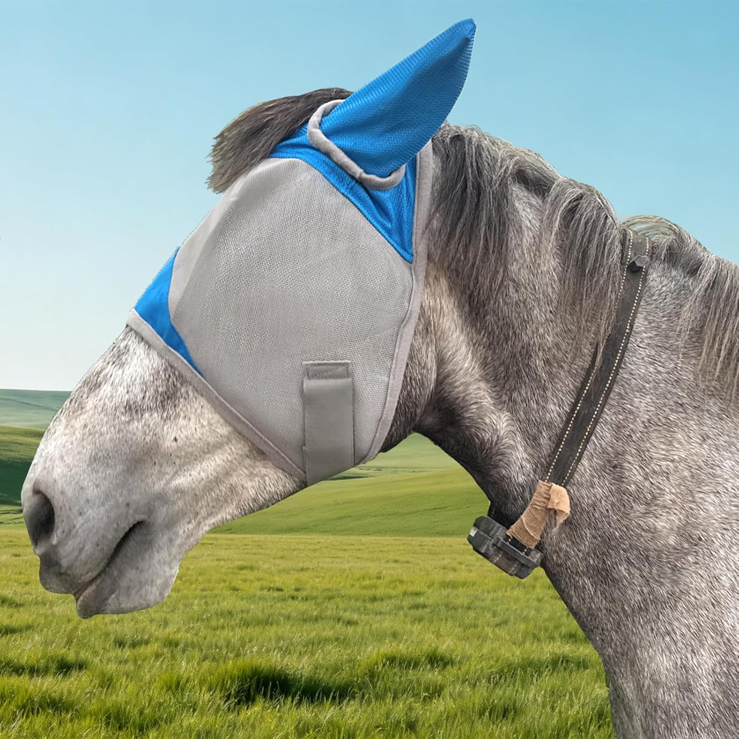 Horse Fly Mask with Ears, Breathable UV Protection Mesh, Large Eye Space No Rubbing, Soft Fleece Trim, Adjustable Comfort Fit, Lightweight Horse Mask for Summer Turnout (L)