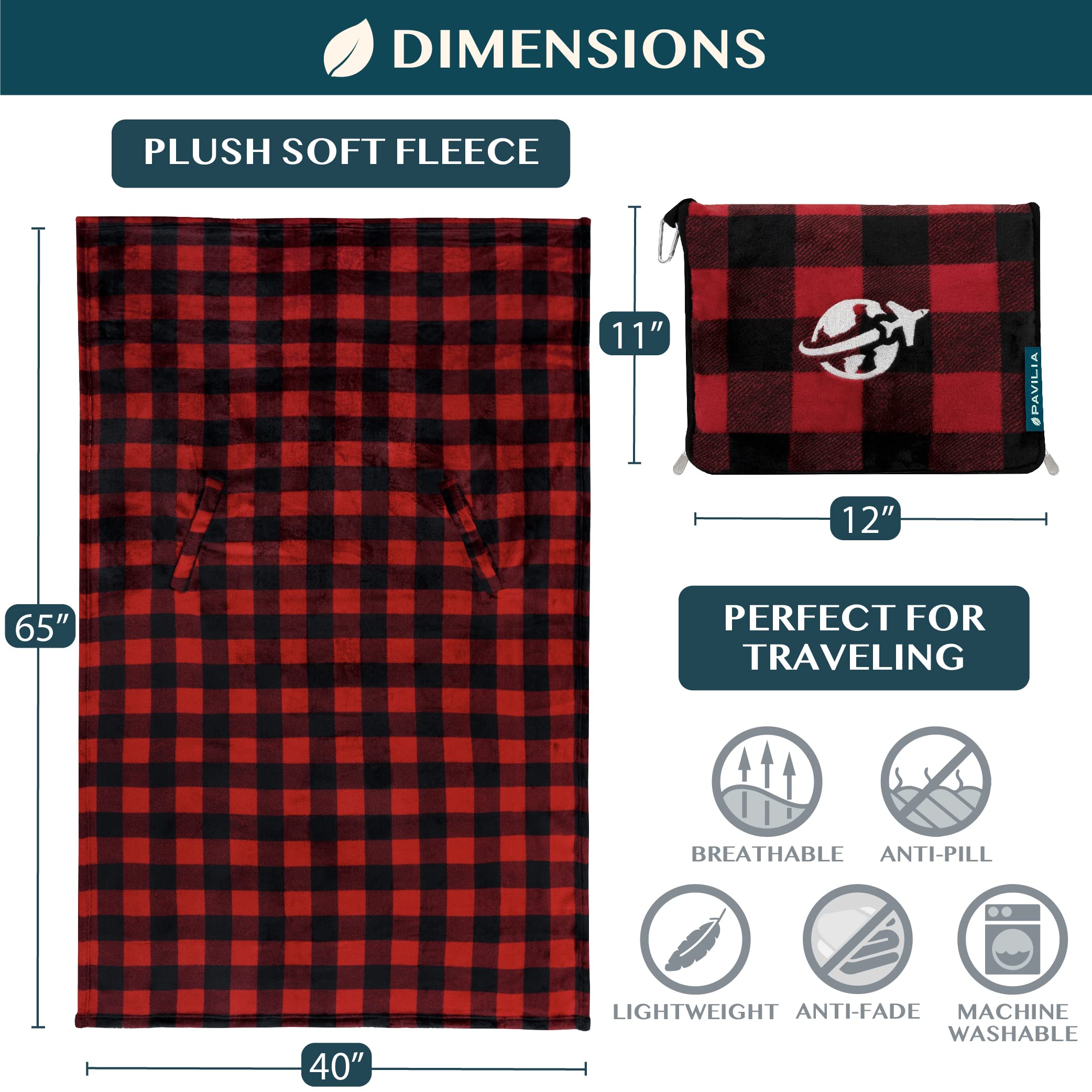 PAVILIA Coperta da viaggio e cuscino, coperta per aereo, per adulti, compatta, con foro per il braccio, borsa 2 in 1 per aereo, auto, campeggio, bagaglio, zaino, regalo da viaggiatore, rosso a scacchi