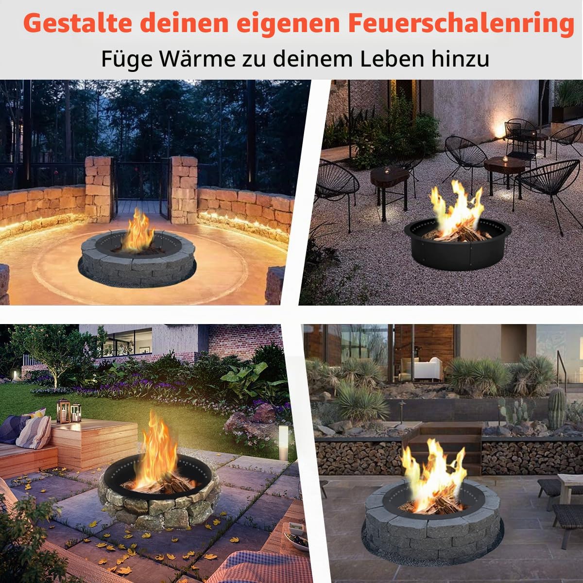 Rauchfreie Feuerstelle für den Außenbereich, 81,3 cm Außendurchmesser, 71,1 cm Innendurchmesser, robuster massiver Metall-Stahl, runder Feuerschalenrandeinsatz für draußen, DIY-Lagerfeuerring oben
