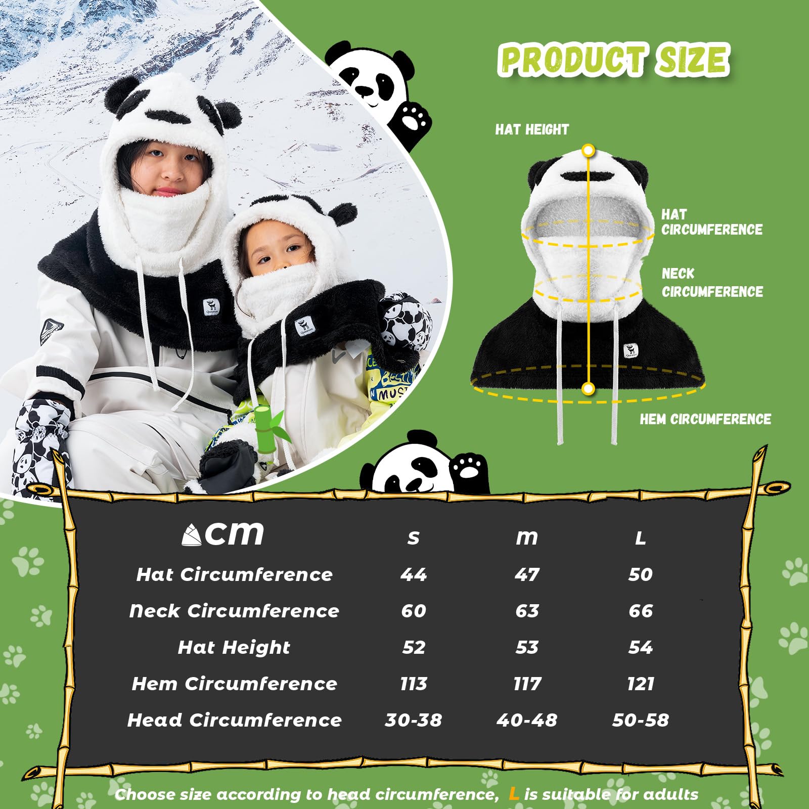 Cagoule Panda Parent-Enfant Hiver Masque Intégral Écharpe 2 en 1 Balaclava Épais Coupe-Vent Charmant Polaire Réversible Moto Vélo Ski avec Casque Casquette Cordon Serrage Noir Blanc S/M/L