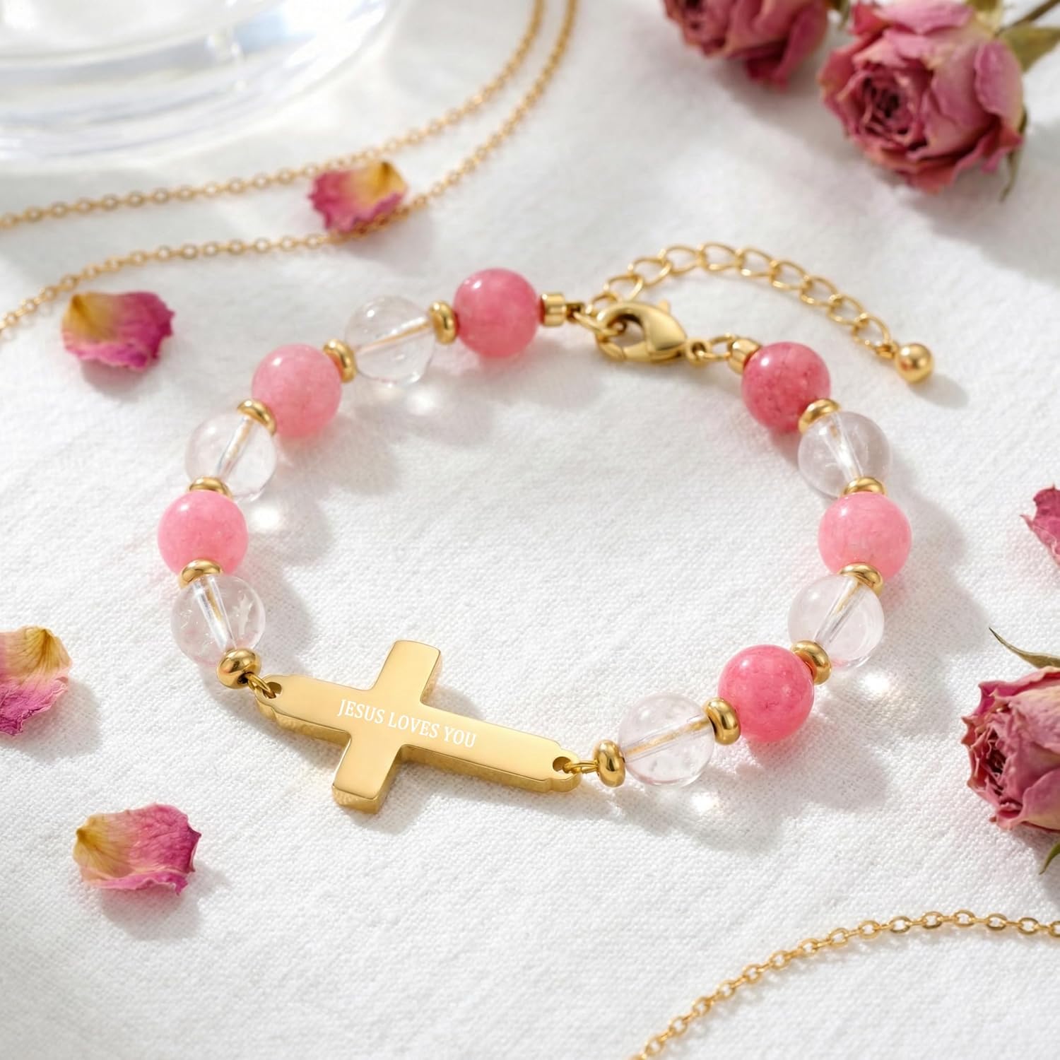 Tiger Eye Cross Bracelet for Men, Handmade Adjustable Christian Bracelet, Natural Stone Religious Faith Jewelry Gifts (Pink, JESUS LOVES YOU) - Image 3