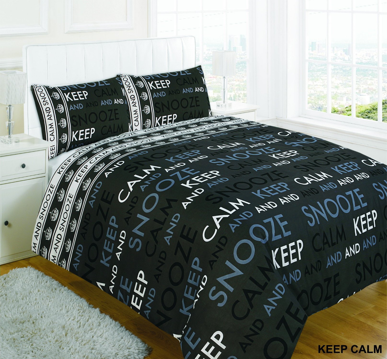 Goldstar® Polycotton Floral Duvet Quilt Cover Bed Set (Double, Keep Calm Black)