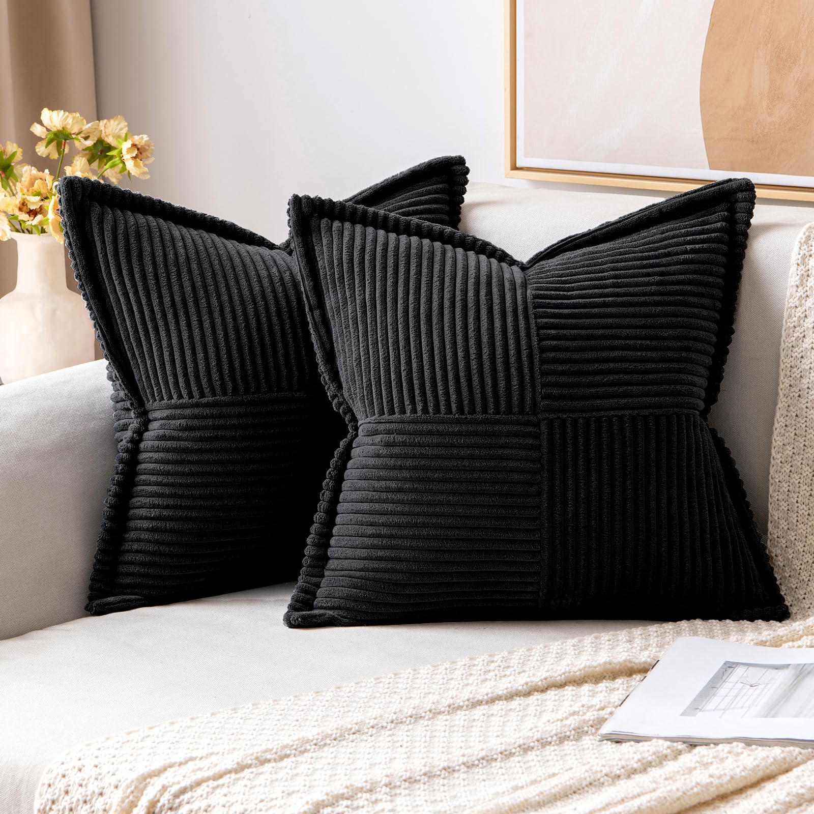 MIULEE Black Corduroy Decorative Euro Sham Pillow Covers 24x24 Inch with Splicing Set of 2 Soft Boho Pillow Covers Broadside Textured Pillowcases for Halloween Couch Bed Livingroom