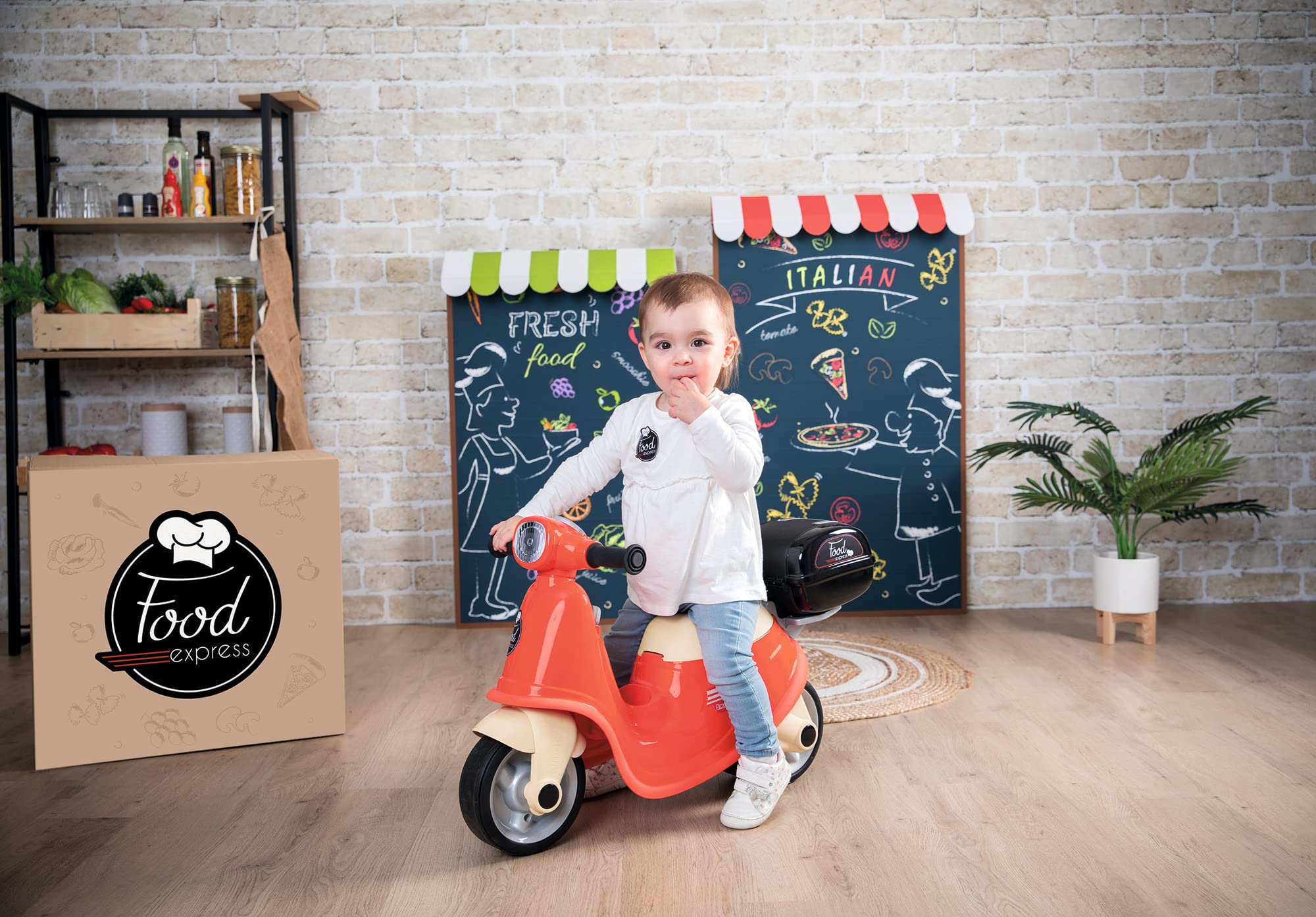 Smoby - Porteur Scooter Food Express - Rouge - Roues Silencieuses - Porte-Bagage - Mallette Amovible - Coffre à Jouets, Phare, Clé Mécanique - Dès 18 Mois
