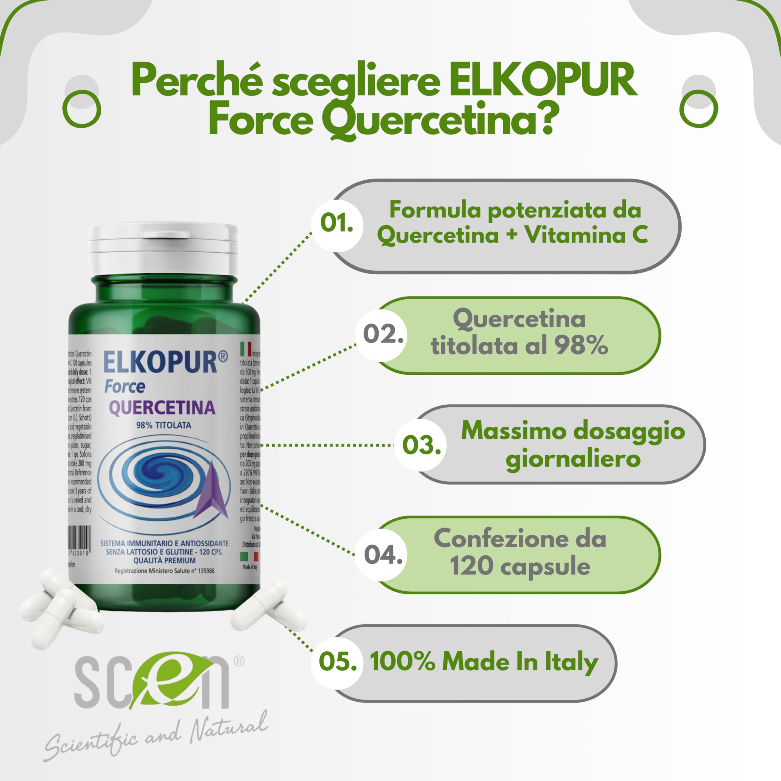 SCEN Quercetina con Vitamina C – 120 Capsule – Titolata 98% – Made in Italy