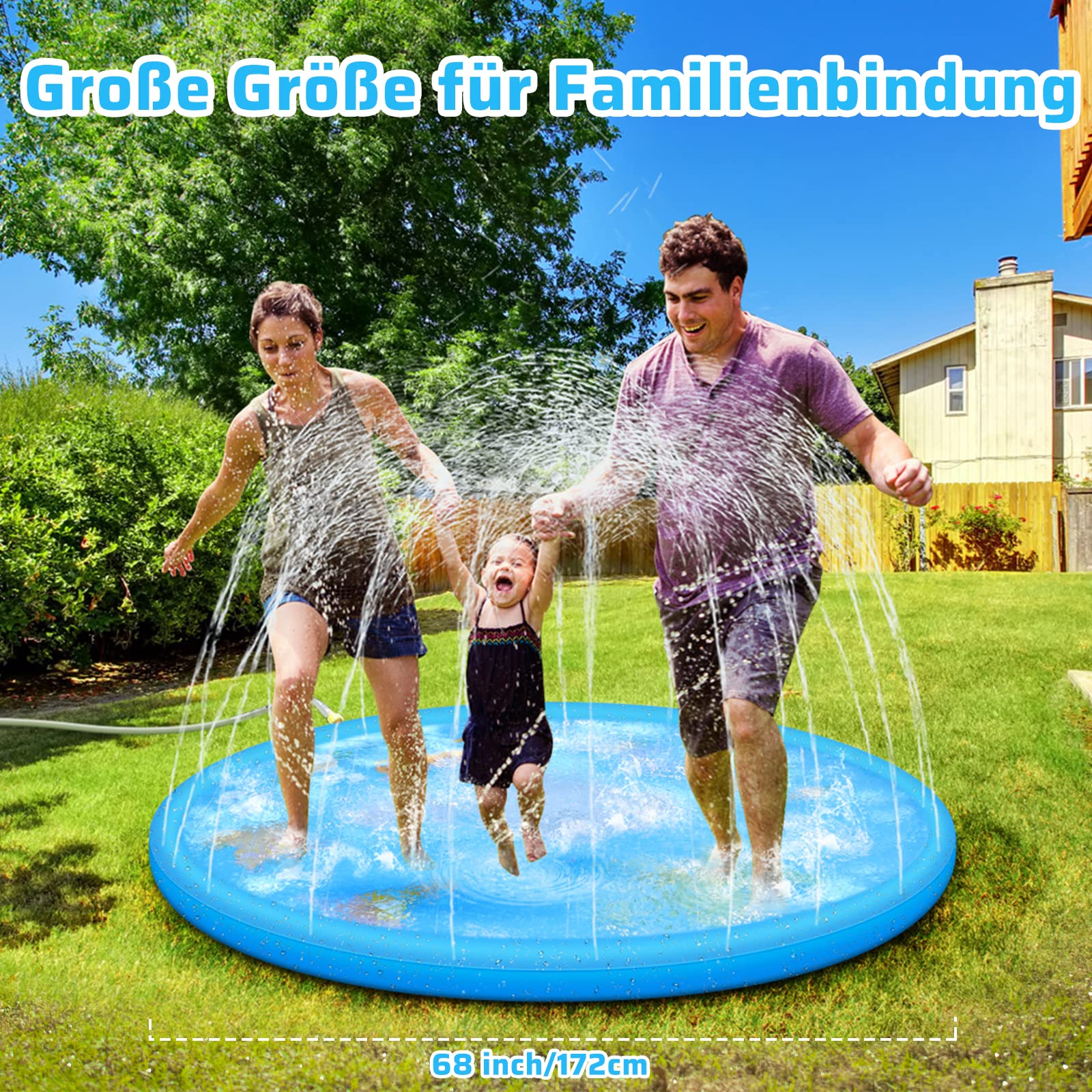Anpro 170CM Splash Pad, Sprinkler Wasser-Spielmatte Splash Play Matte mit 15 Anti-Rutsch-Streifen, Sommer Garten Wasserspielzeug für Baby, Kinder, Hund und Haustiere
