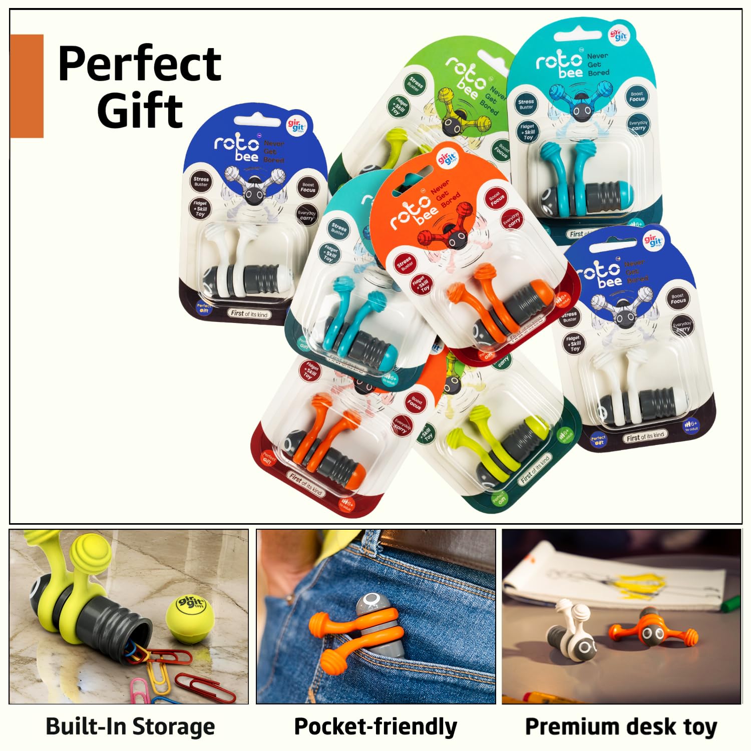 GIRGIT TOYS Rotobee | Fidget Spinner & Skill Toy | Stress, Anxiety Relief | For Kids, Adults | Sensory | ADHD & Autism | Boost Focus | Multi-Trick Spinner | Office & Desk Toy | Gift | Pack Of 2 1