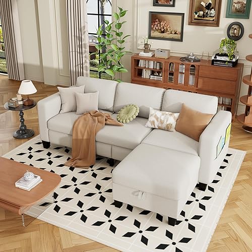 Sectional and Sofa Couches for Living Room - 78'' 3 Seater L-Shaped Modular Couch with Storage Ottoman - Modern Linen Fabric Upholstered Sofa Set for Small Space Apartment Office