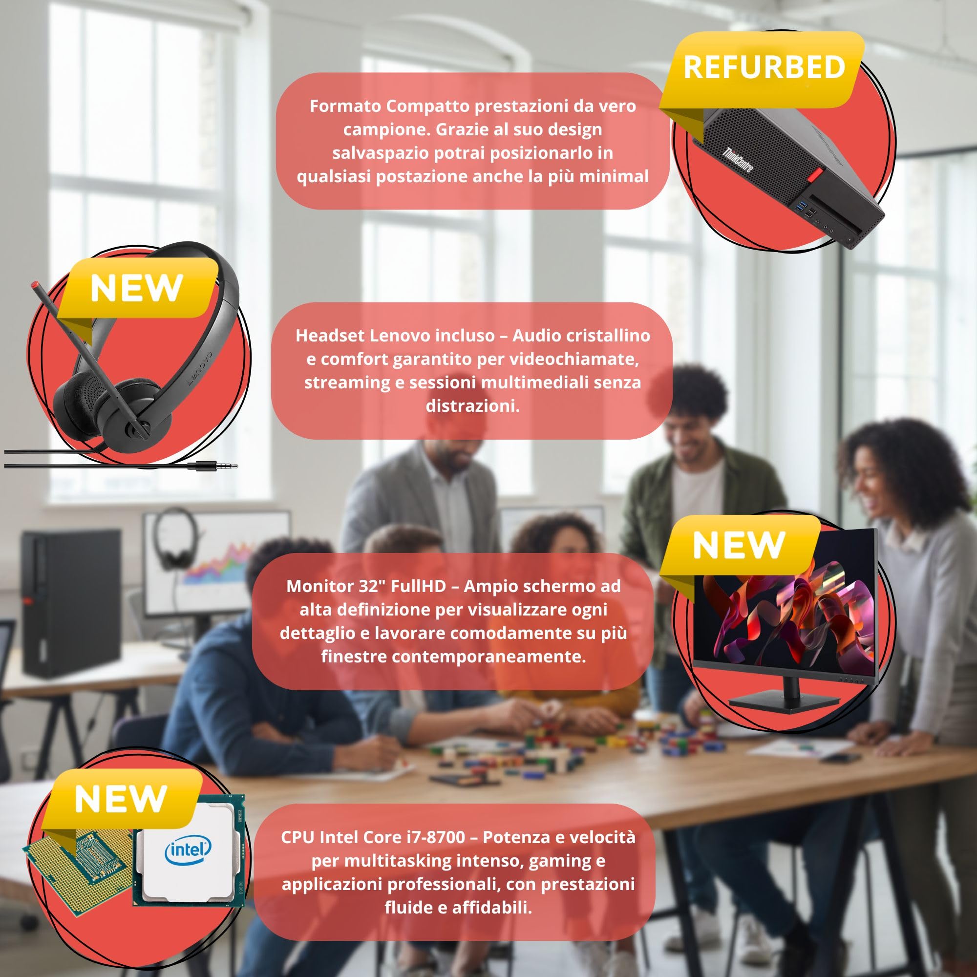 Lenovo Postazione ufficio completa Pc Desktop Intel Core i7 Fino a 4.70 Ghz | Ram 16GB | SSD 2000 GB | Monitor 32" FullHD con audio incluso Wifi Win 11 Cuffie Essential Stereo