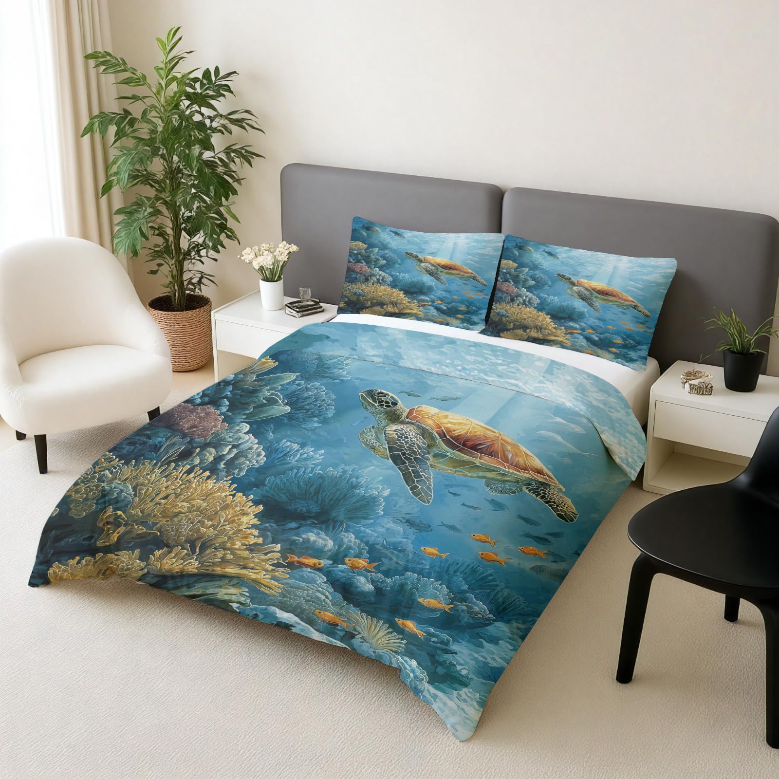 Ocean animal housse de couette 220x240 cm parure de lit 3 pieces en microfibre