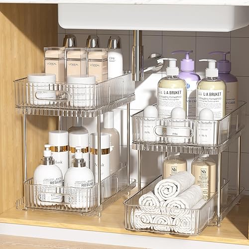 Fowooyeen Organizador de almacenamiento de baño, paquete de 2 organizadores transparentes para debajo del fregadero, contenedor de almacenamiento