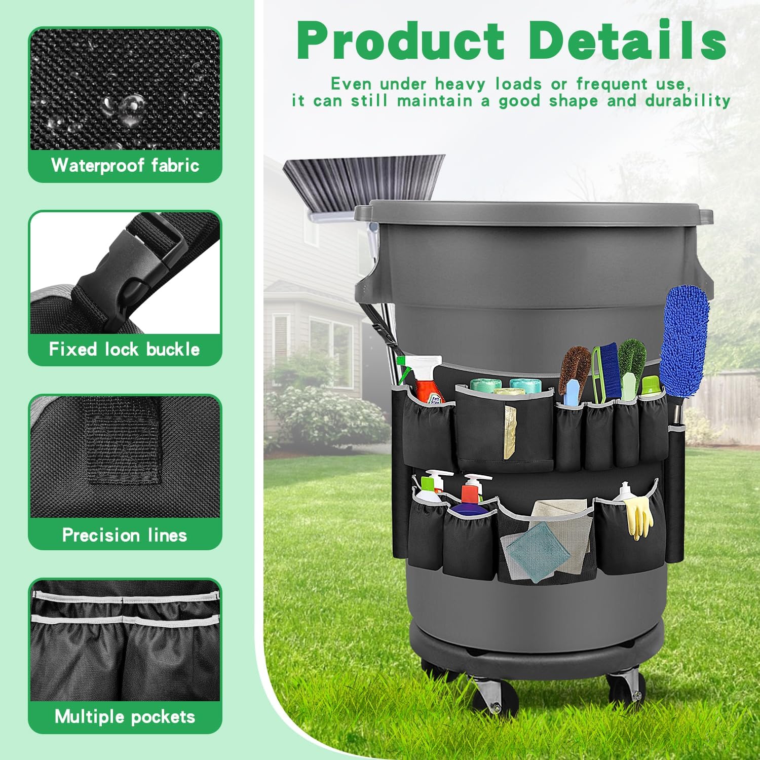 Trash Can Caddy Organizer with 10 Pockets - Cleaning Supply Holder for 32-55 Gallon Round Garbage Bins | Adjustable Strap Storage Bag for Sponges, Gloves, Spray Bottles, Cleaning Tools