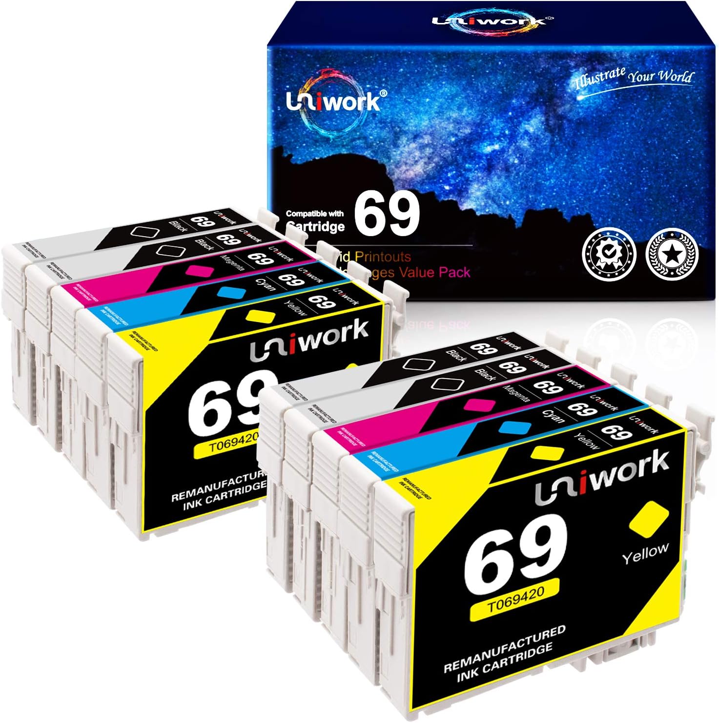Uniwork Remanufactured Ink Cartridge Replacement for Epson 69 use for Stylus C120 CX5000 CX6000 CX8400 CX9400 NX215 NX305 NX400 NX410 NX415 NX515 Workforce 30 40 600 610 615 1100 1300 Printer, 10 Pack