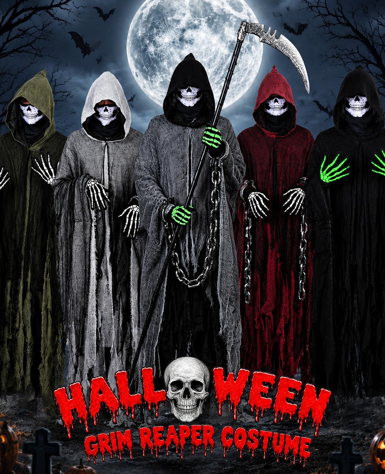 Sensenmann-Kostüm, Halloween-Kapuzenumhang, gruselige Halloween-Cosplay-Kostüme für Erwachsene