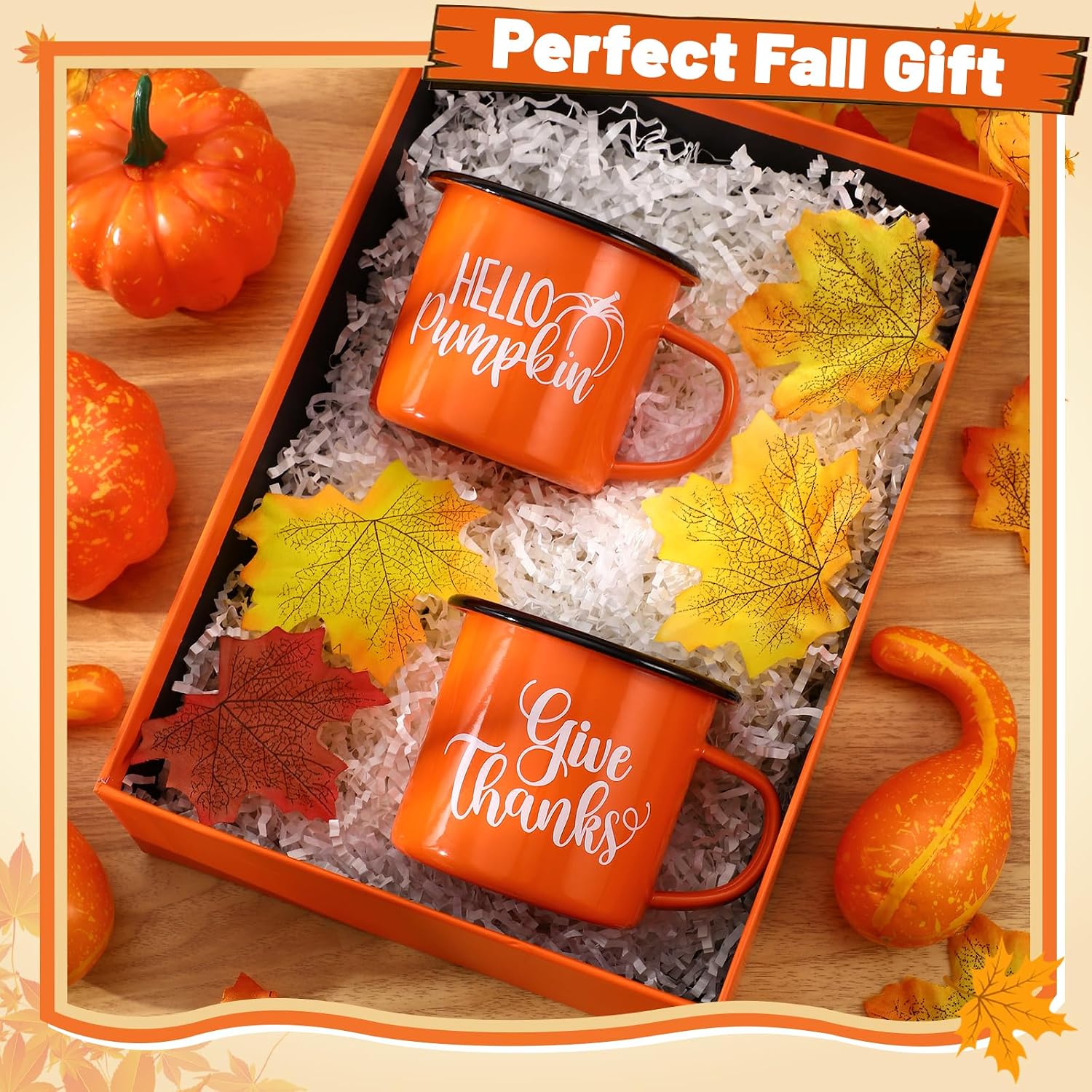 NatNarr Fall Coffee Mugs Set of 2, 12 OZ Thanksgiving Pumpkin Enamel Mugs