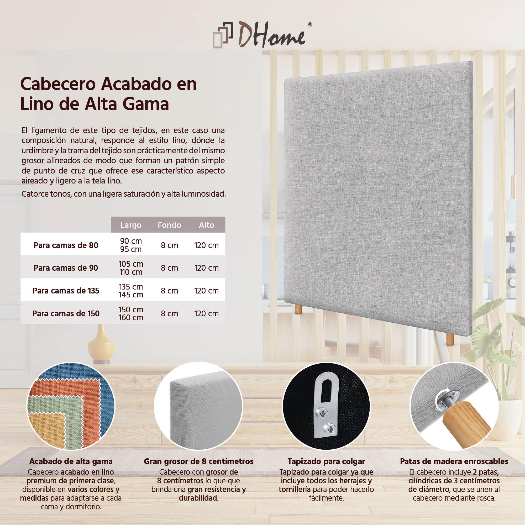 DHOME Testiera in Lino Naturalee Liscia Fino a Terra con Spessore di 8cm Testata imbottita Letto Camera da Letto Moderna Top Trending (Lino Perla, 105cm (Letti 90))