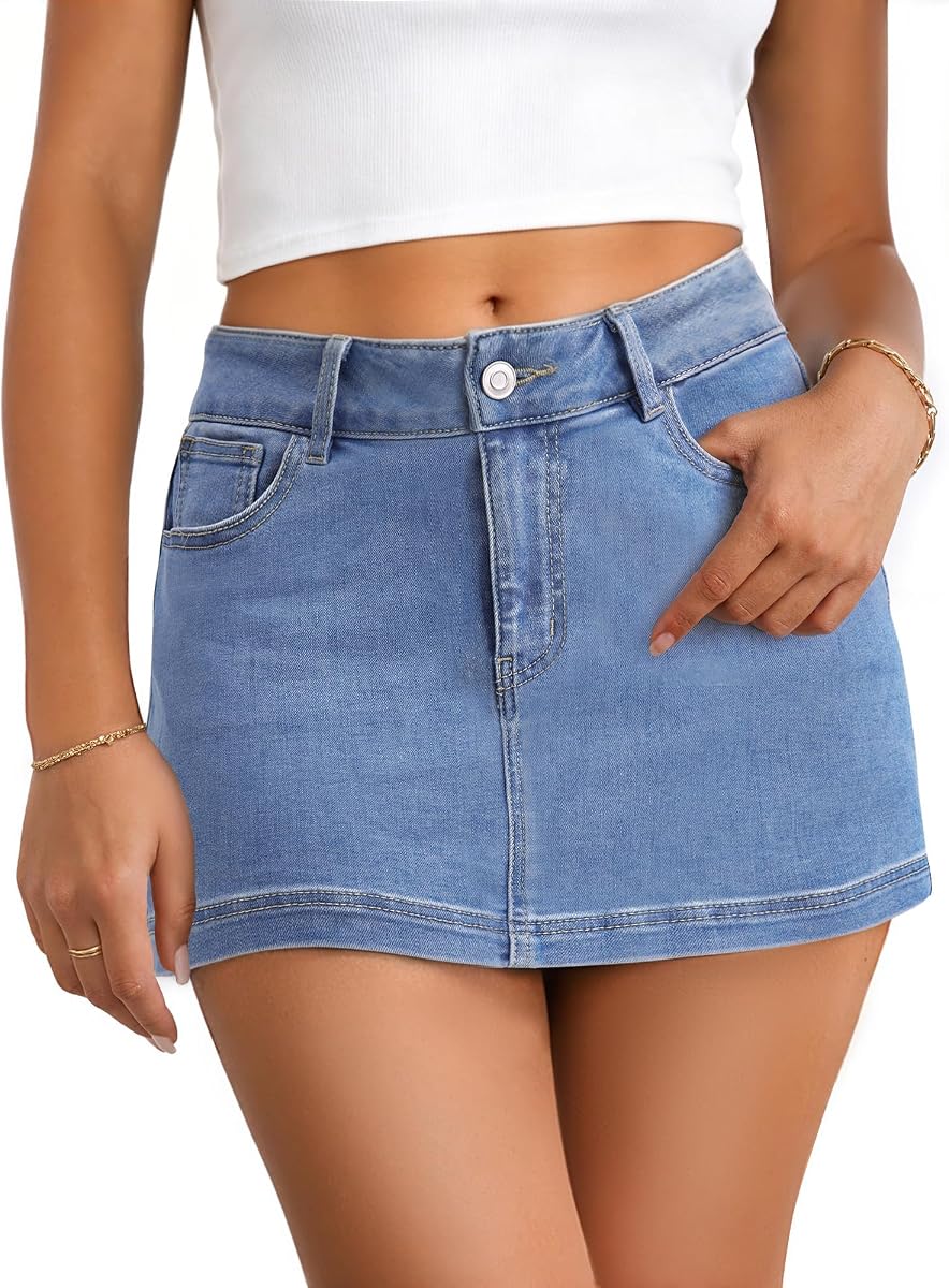 Jean Denim Skirt for Women, Casual Denim Mini Skirt Stretchy Trendy Cute Micro Jean Skirts Zip Fly with 4 Pockets