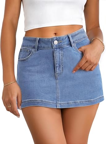 DLOODA Jean Denim Skirt for Women, Casual Denim Mini Skirt Stretchy Trendy Cute Micro Jean Skirts Zip Fly with 4 Pockets