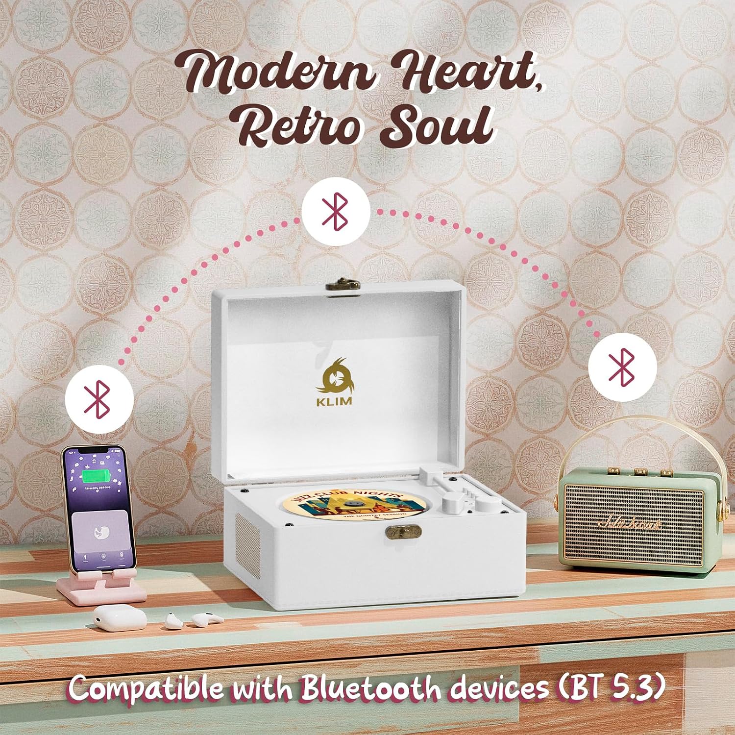 KLIM Retro CD Player – Vintage Style CD Player with Speakers, Bluetooth Receiver, AUX, USB, Rechargeable Battery, Mini Record Player Look, Small Cute CD Music Box for Home Decor - White