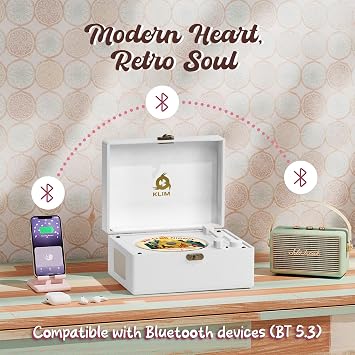 KLIM Retro CD Player Vintage Style CD Player with Speakers, Bluetooth Receiver, AUX, USB, Rechargeable Battery, Mini Record Player Look, Small Cute CD Music Box for Home Decor - White