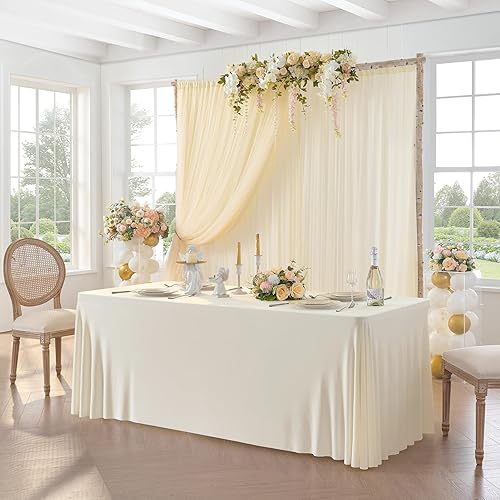 Miniatura 3 de Mantel de 3 lados de elastano marfil de 6 pies, paquete de 2 unidades para mesas rectangulares, resistentes a las arrugas, mantel elástico para