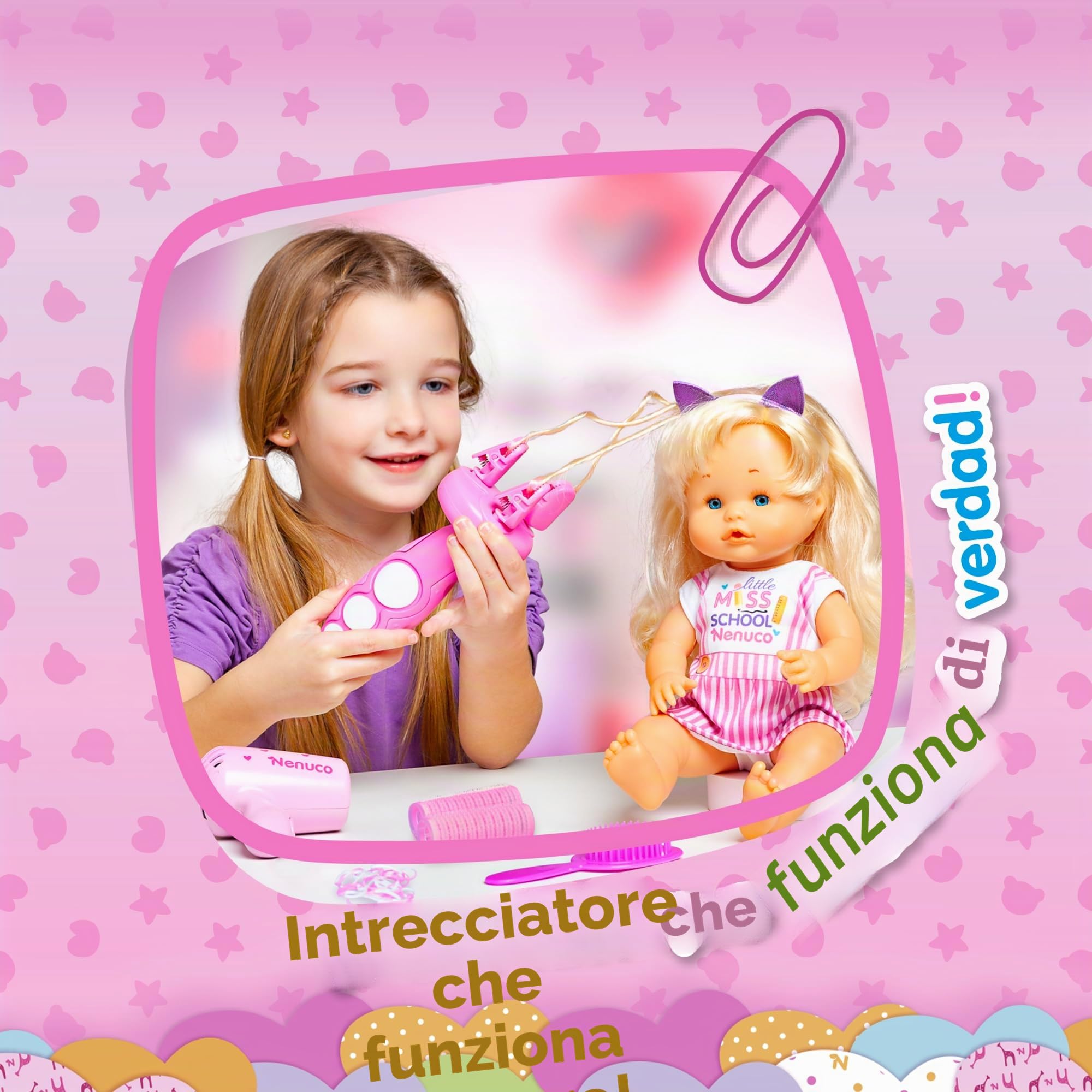 Nenuco - School Hairstyle, Bambola 35 cm, Con Capelli Biondi e Accessori per Realizzare Diverse Acconciature, Per Bambine/i dai 3 anni, Famosa (NFN60000)