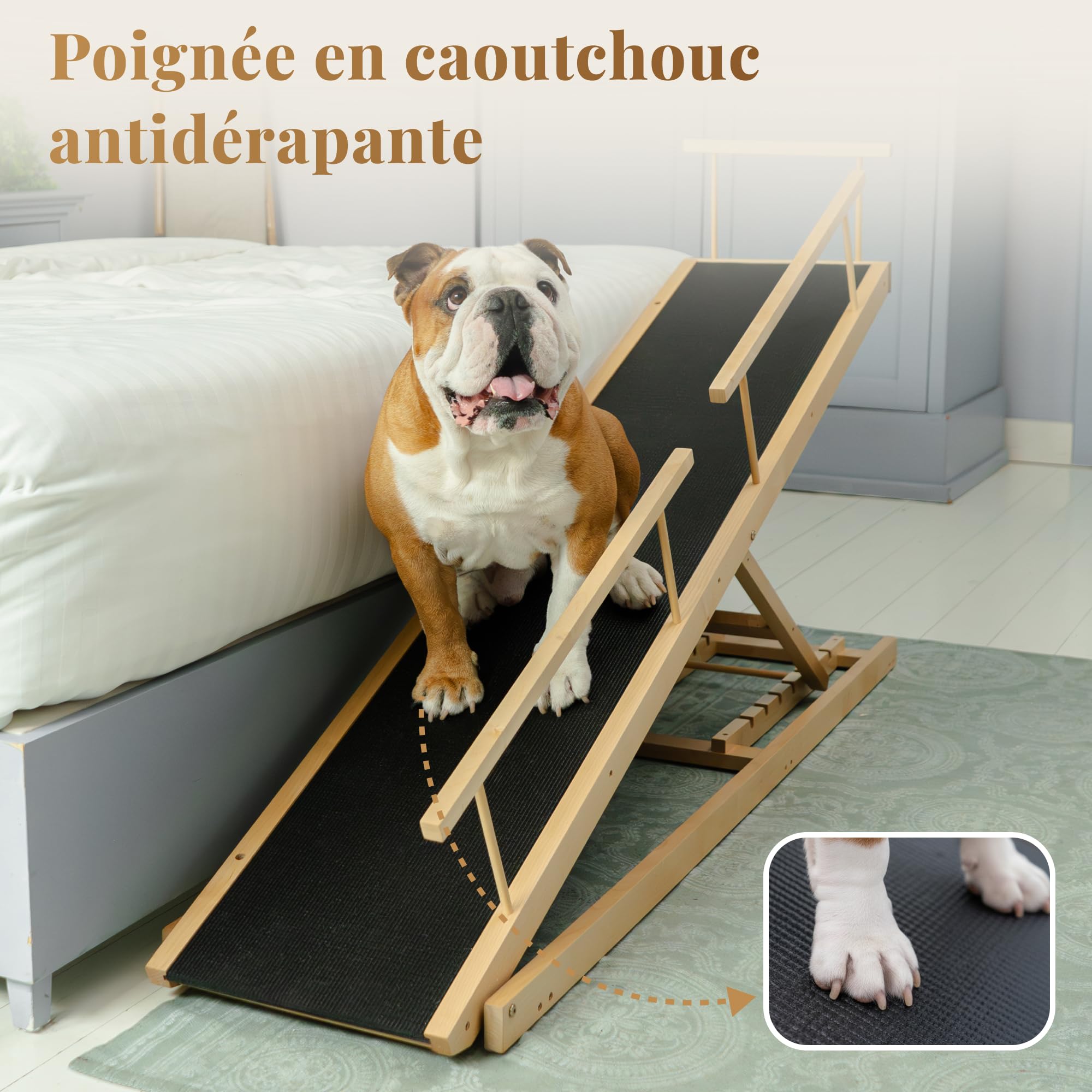 Rampe pour Chien Lit avec Barrières de Sécurité - Escalier pour Chien PRIORPET - Bois de Bouleau - pour Lit Haut jusqu'à 94.5 cm - Pliable -Poignée antidérapante-pour Les Chiens jusqu'à 23kg- Naturel