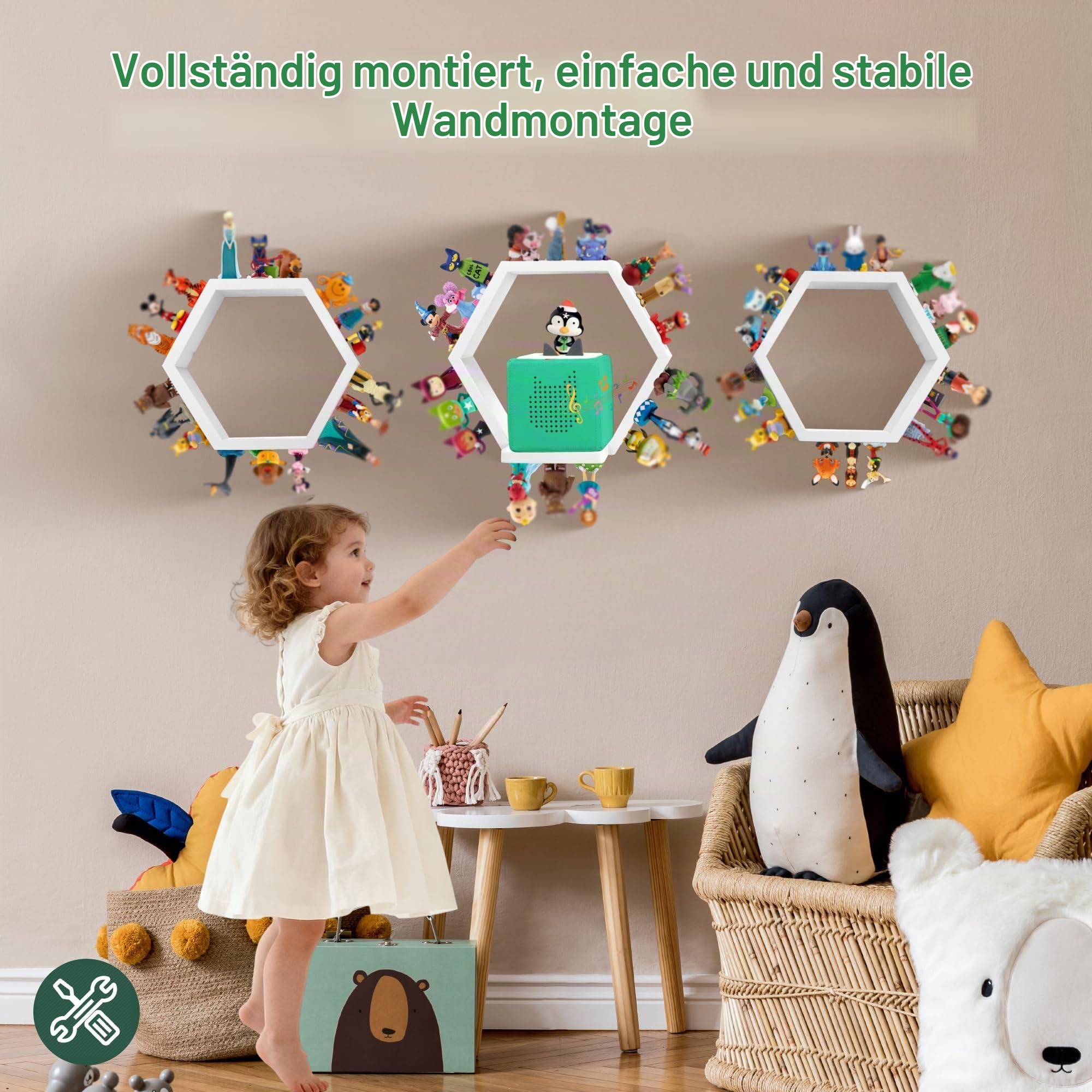 Sechseckiges Magnet Toniebox Regal, Wandregale zum Aufbewahren und Präsentieren von Figuren, Kinderregal, Kinderzimmer, Wohnzimmer(Weiß)