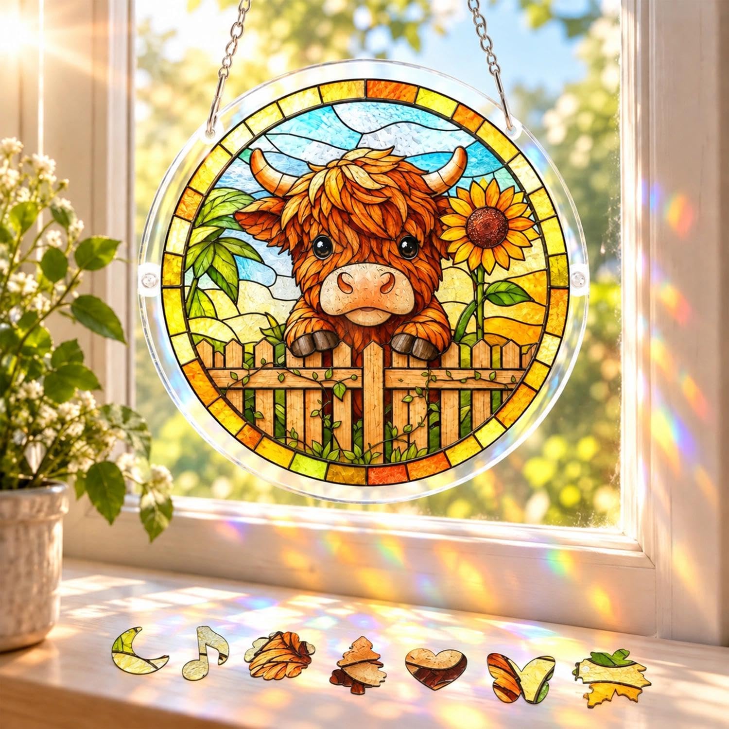 83Pcs Acrylic Jigsaw Puzzle Suncatcher Highland Cow Sunflower