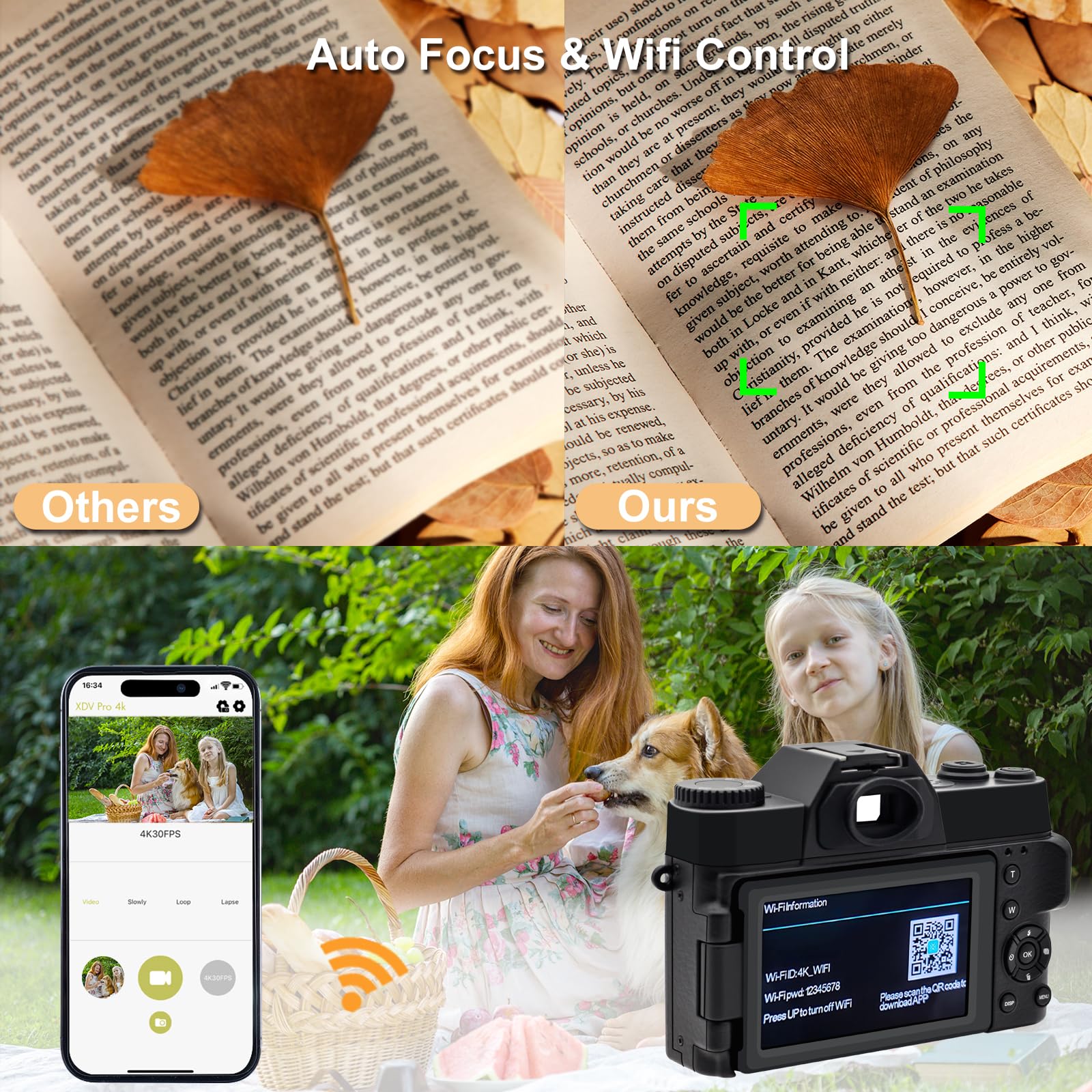 Appareil photo numérique 4K pour la photographie Zoom numérique 16x 48MP Caméras pour YouTube avec WiFi, caméra de vlogging avec objectif grand angle et 2 piles