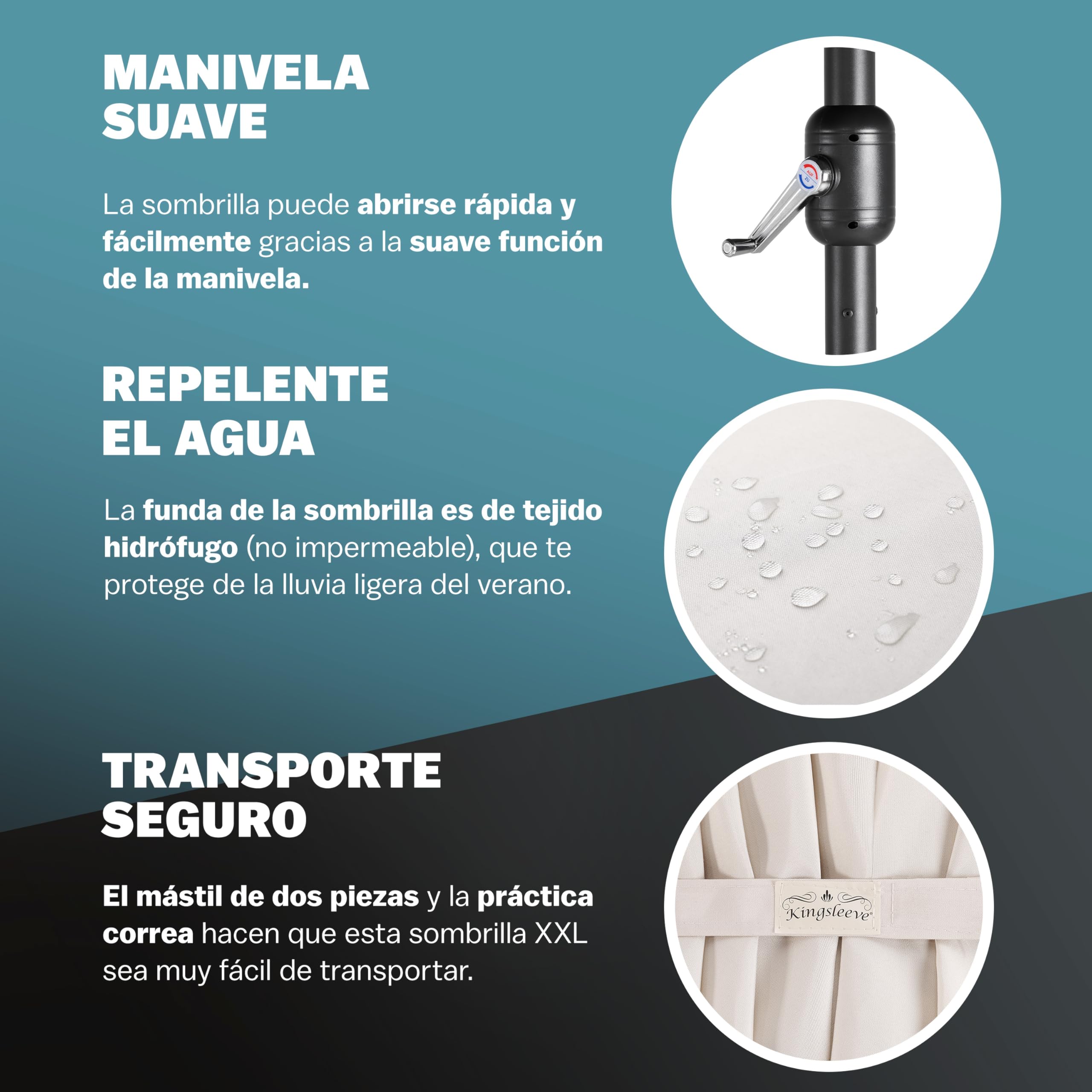 Kingsleeve® Sombrilla Grande Jardín 4,60x2,70 m Parasol Doble con Manivela Protección UV 80+ Resistente al Agua Ideal Exterior Patio Terraza Playa Piscina Balcón Incl. Funda Protectora Crema
