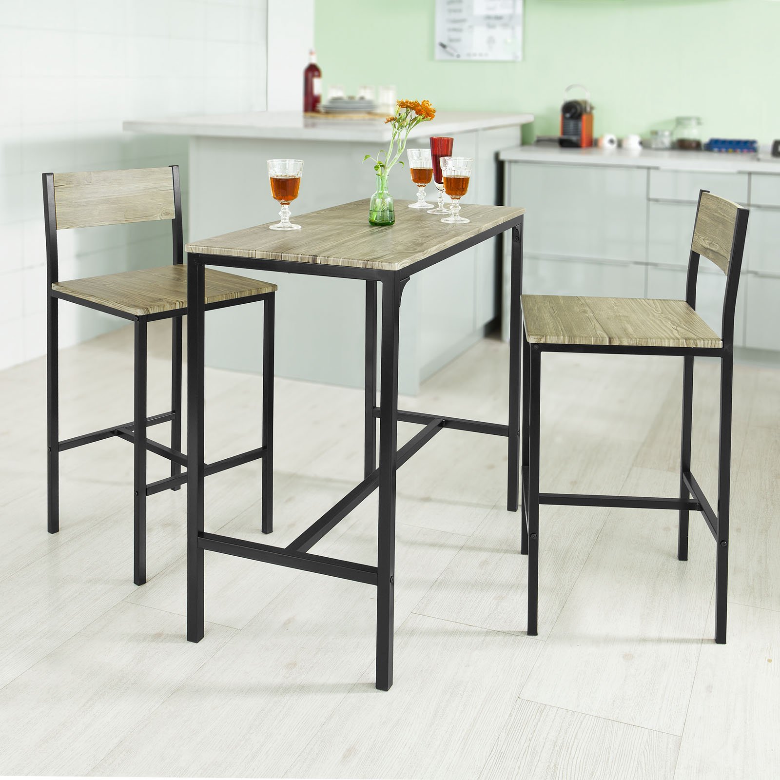 SoBuy Ensemble Table Haute de Cuisine 87 cm avec 2 tabourets de Bar – Meuble Bar Compact Mange Debout pour Petit Espace, Balcon, Salon ou Cuisine – Style Industriel Bois et métal OGT03-N