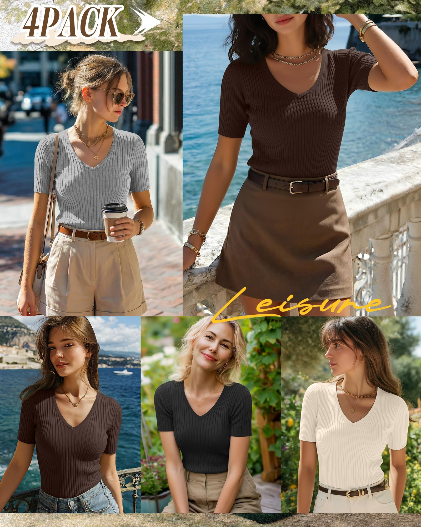 Neer Paquete de 4 camisas acanaladas de algodón con cuello en V para mujer | Camiseta de manga corta ajustada, camiseta básica suave y elástica, ropa de moda casual de verano, trajes para salir del año