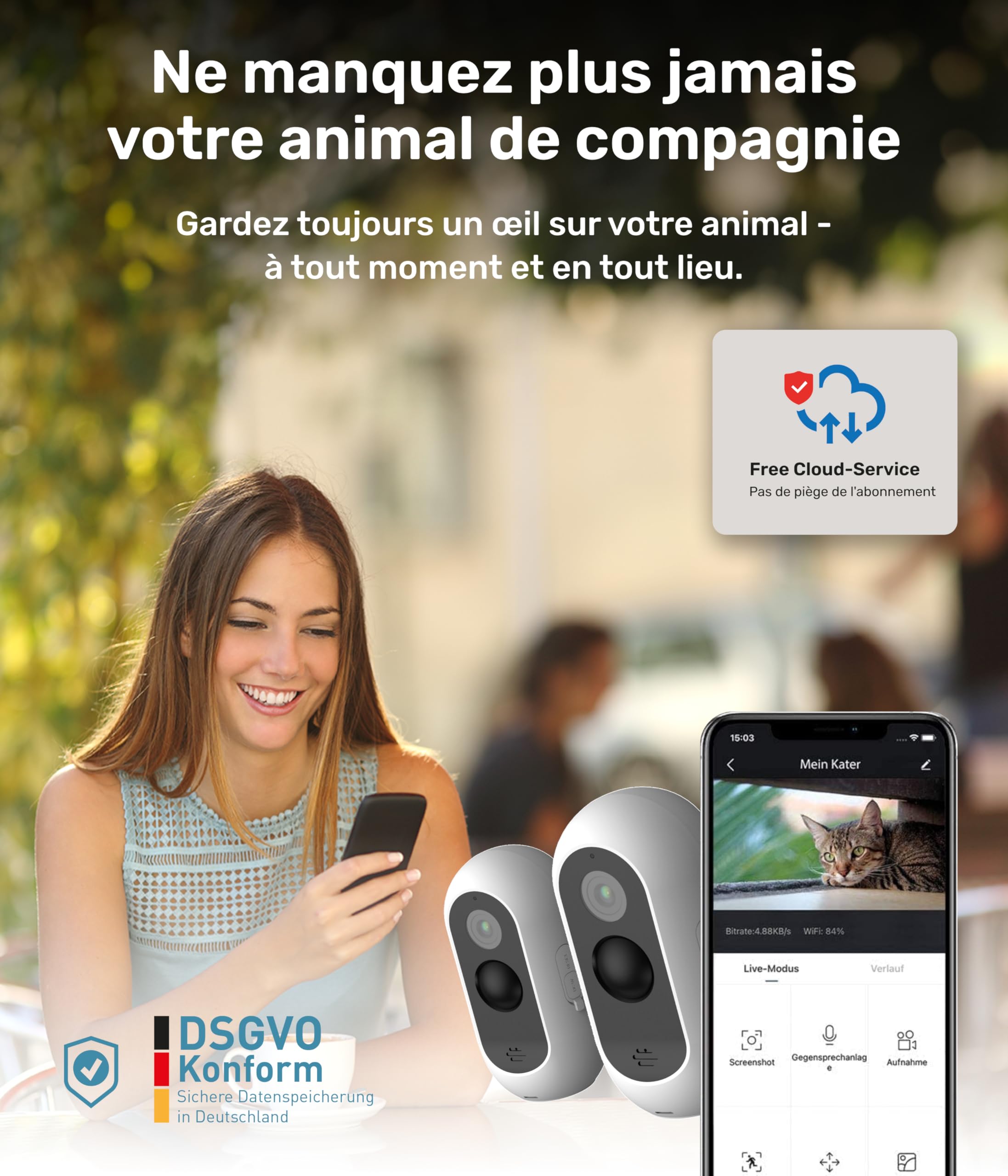 PetTec Caméra sans Fil pour Animaux de Compagnie Lot de 2 avec Application Détection de Mouvement Intérieur Extérieur