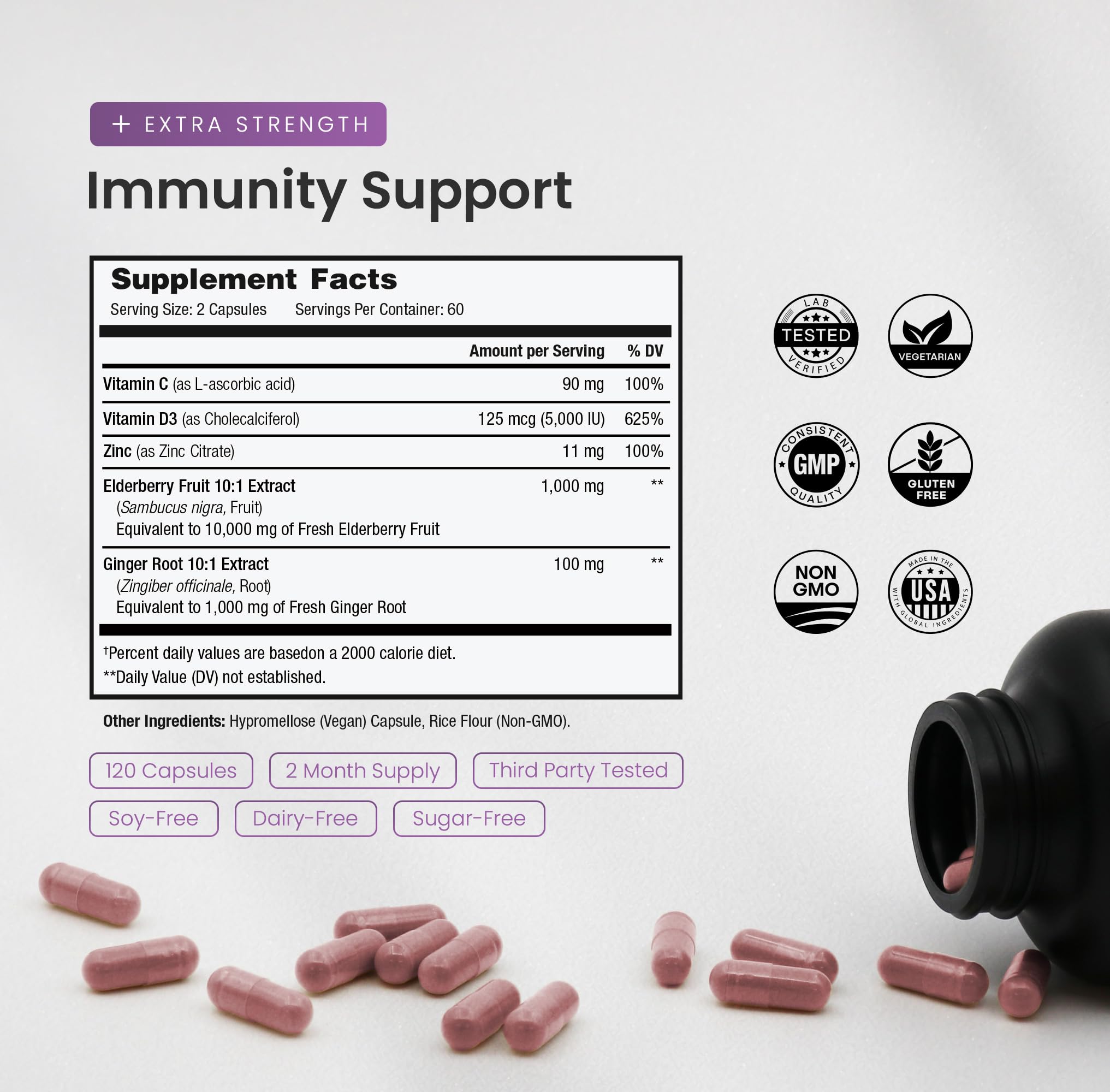 Elderberry Capsules | 1000mg Sambucus Elderberry with Zinc and Vitamin C for Adults + Vitamin D3 5000 IU & Ginger | 5-in-1 Antioxidant Immune Support Supplement | 120 Elderberry Extract Capsules — Amazon image 2