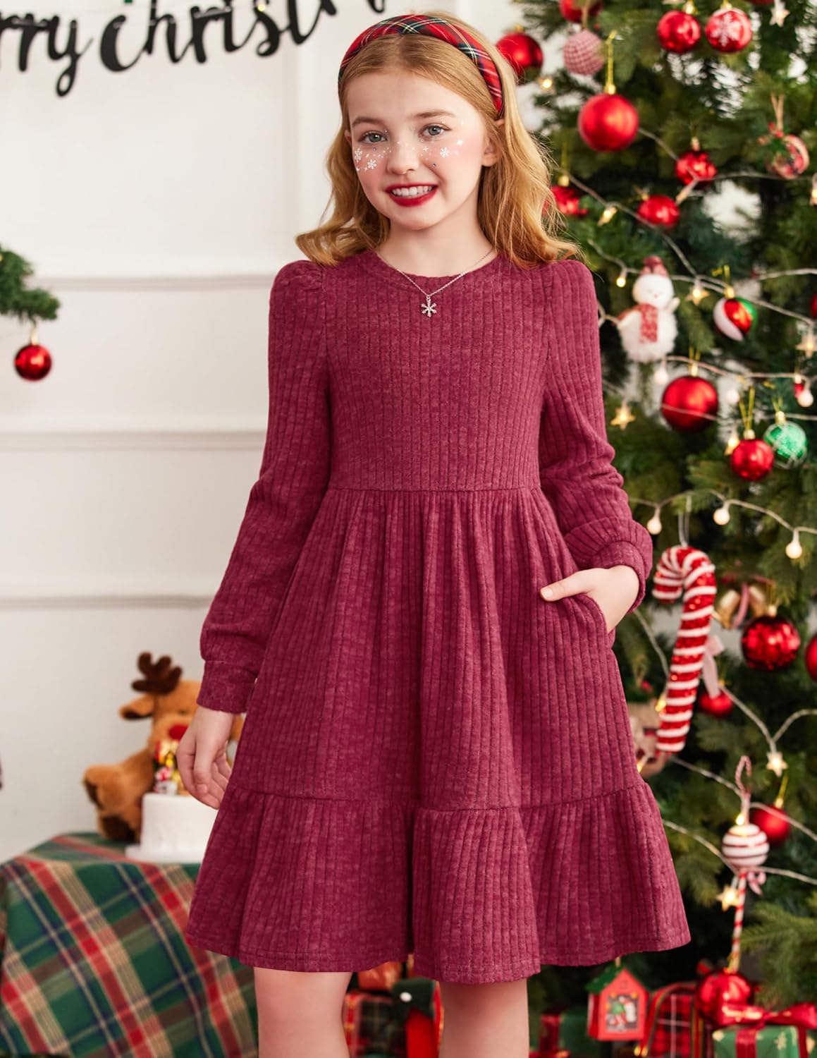 Arshiner Girls Sweater Dress Fall Winter Puff Long Sleeve Knit Pullover Formal Dresses with Pockets 6-14Y - Image 4