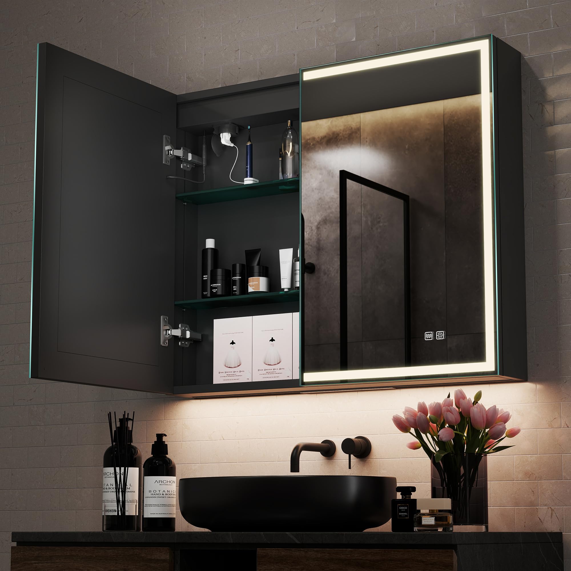 STARLEAD Armadietto a specchio da bagno con illuminazione a LED, 80 x 60 cm, in alluminio nero opaco, con presa, funzione anti-appannamento, dimmerabile, 3 colori chiari, IP44 e Soft-Close
