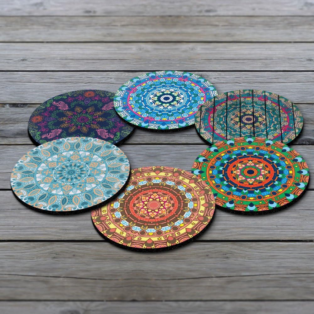 Bеѕt Prоmо CARIBOU Coasters , Bohemian Mandala One Design Absorbent ROUND Fabric Felt Neoprene Coasters for Drinks, 6pcs Set