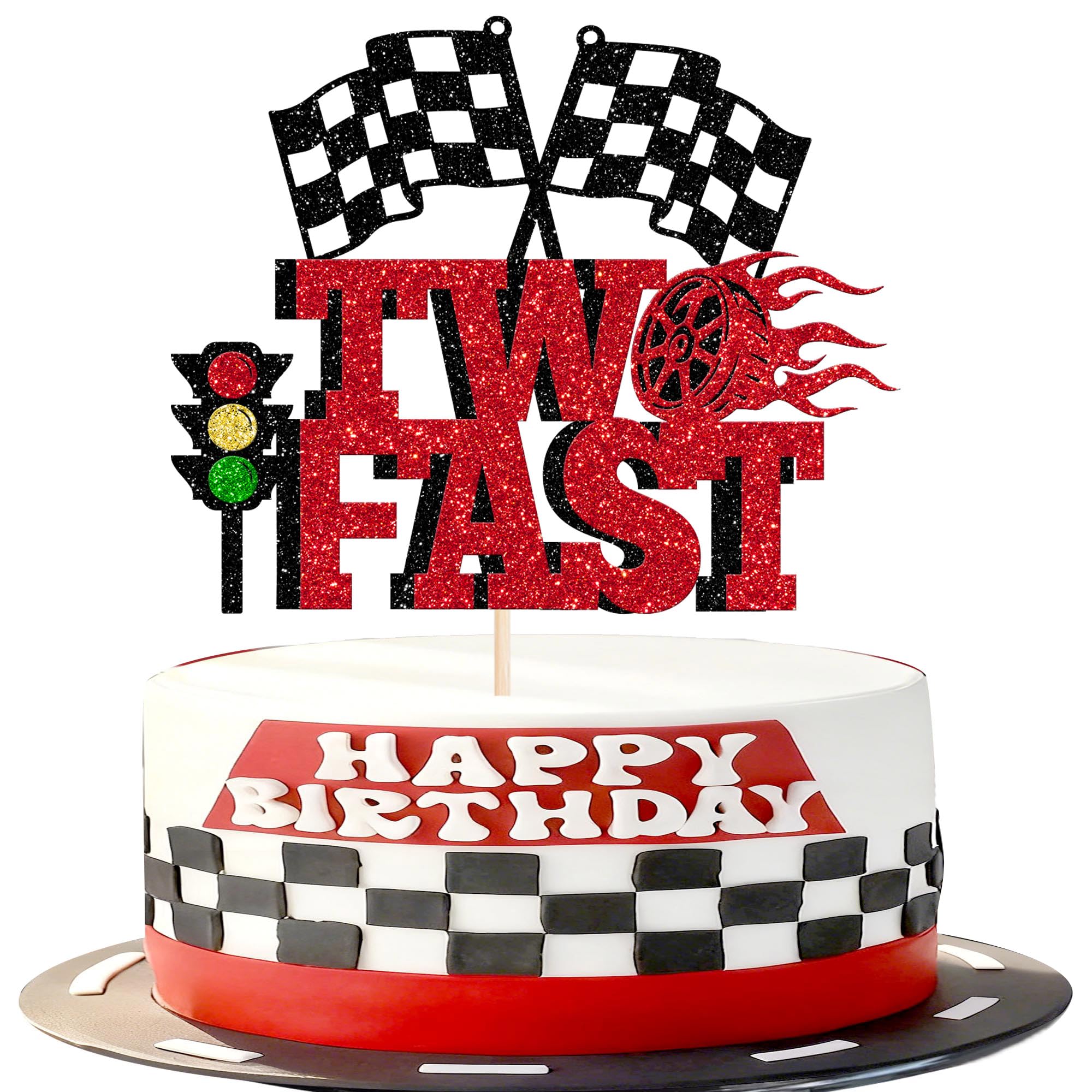 1 Piece Two Fast Cake Topper, Racing Car Theme, Birthday Cake Decoration, Traffic Light, Checked Flag, Cake Decoration for Race Theme, Baby Shower, Boys, Girls, Birthday Party Cake Decorations