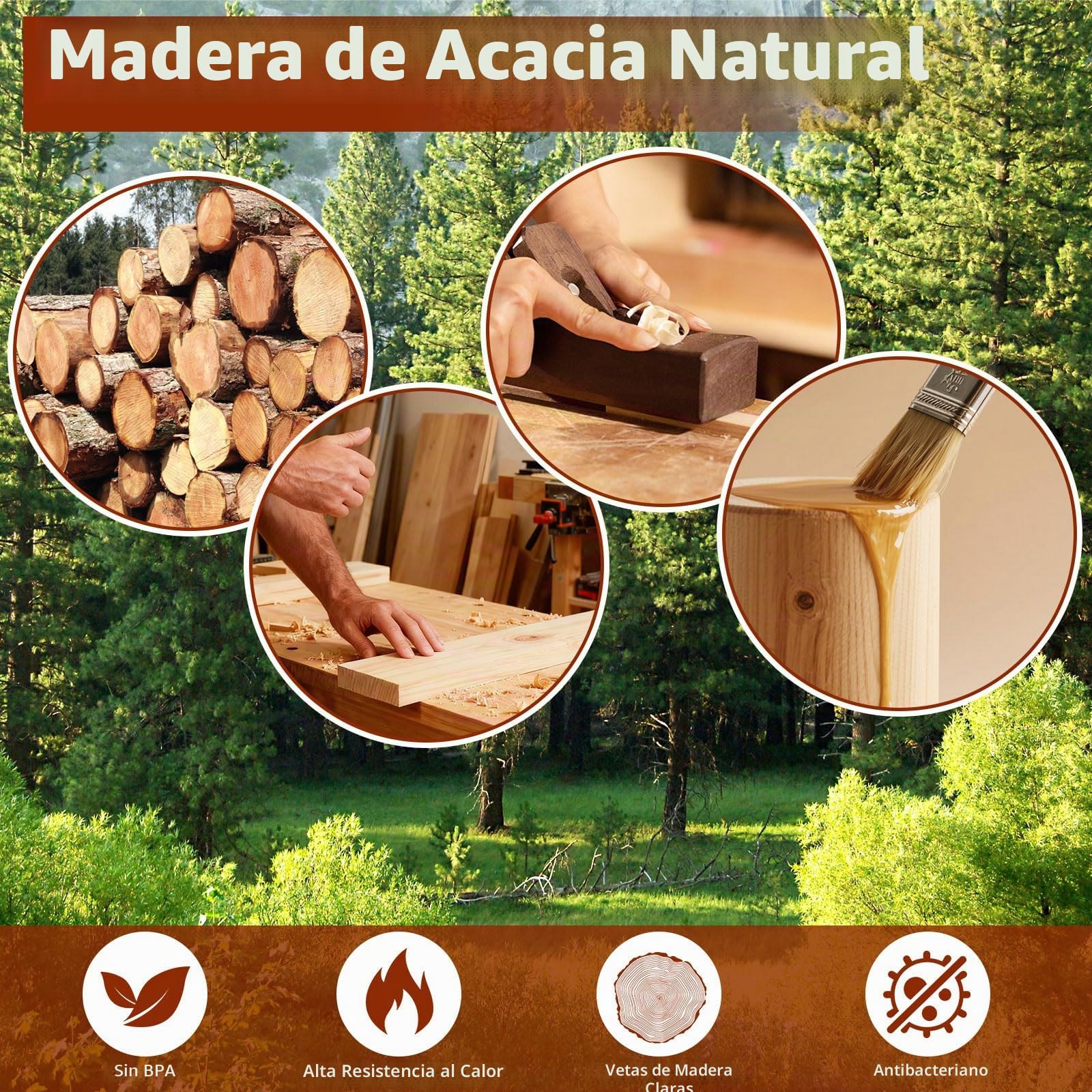 8 Piezas Juego de Utensilios de Cocina de Madera de Acacia con Espátula | Cucharón Cubiertos para Ensalada Cucharón para Pasta Cuchara para Arroz y 8 Ganchos en S, Resistente y Antiadherentes