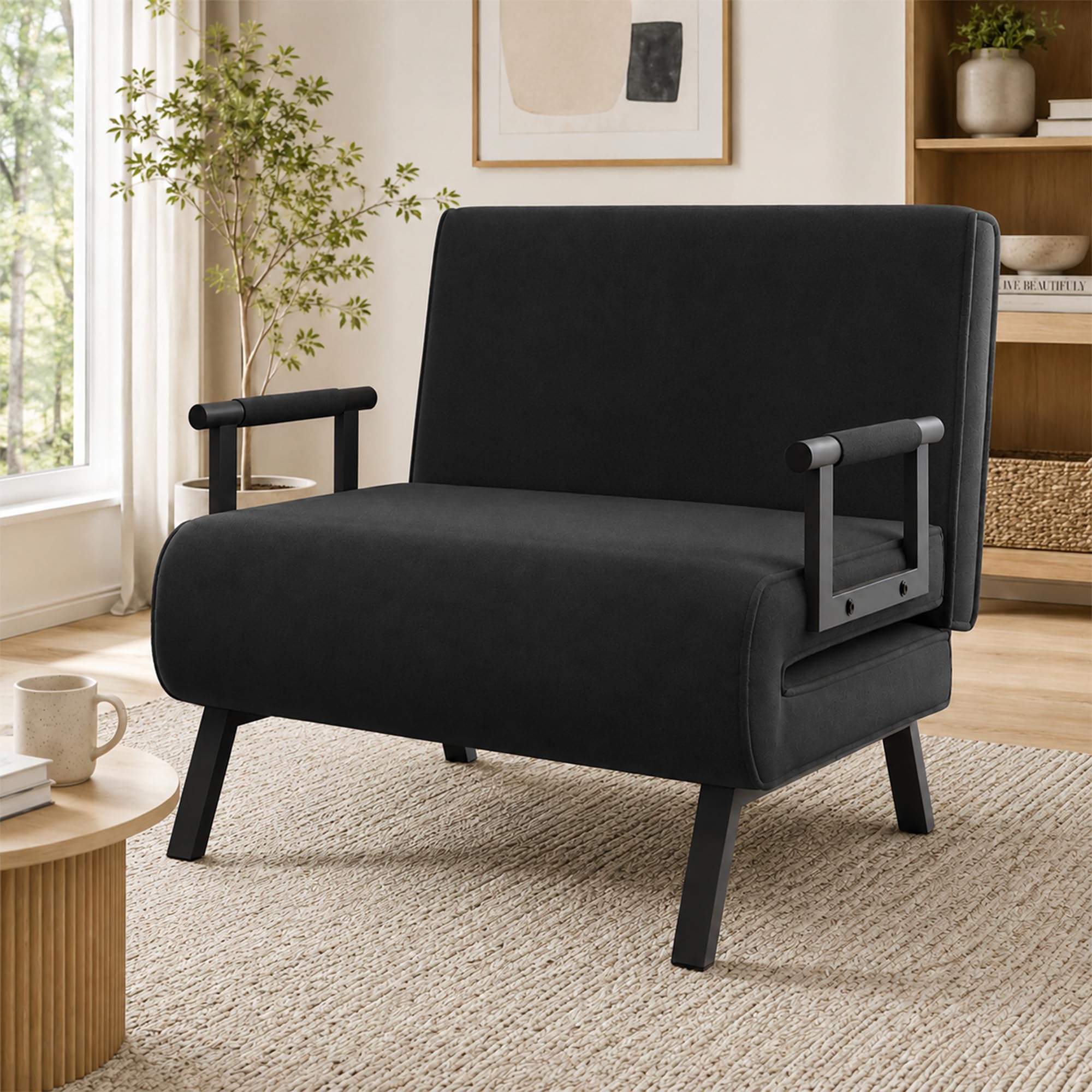 2-in-1-Schlafsofa mit Armlehnen – Bettfunktion – Verstellbare Rückenlehne – Inklusive Kissen – Bis zu 200 kg – Klappstuhl, Liegesessel, Schlafsofa, Klappbett, Gästebett, Wohnzimmer, Schwarz